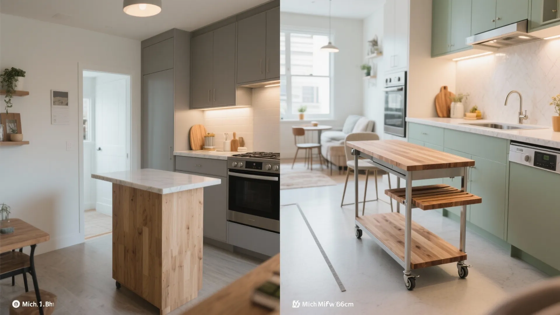 Interior design drawing showing two different small wood kitchen islands with wheels and storage shelves