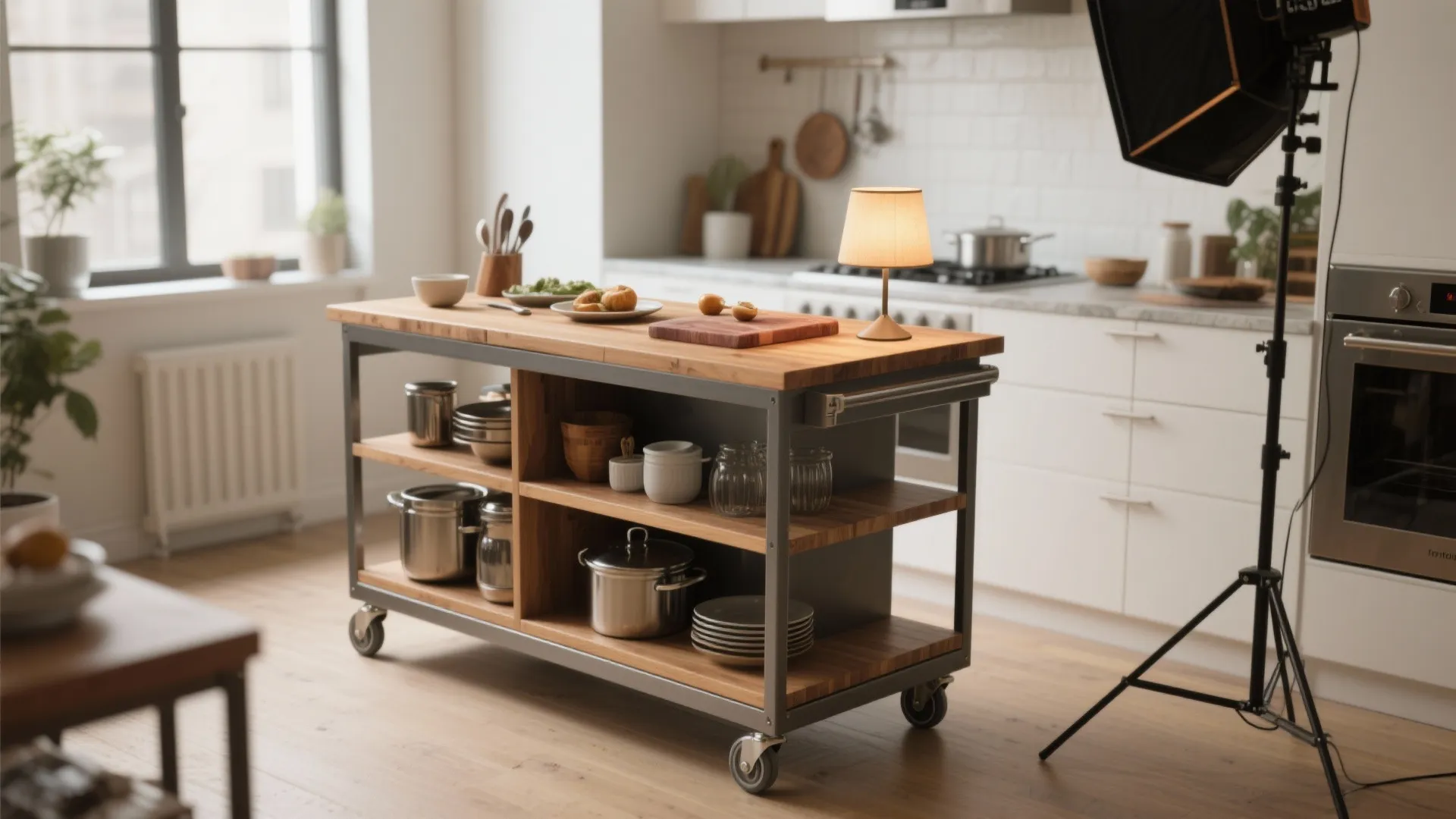 Rolling micro-island with butcher-block top and storage on casters in a studio kitchen.