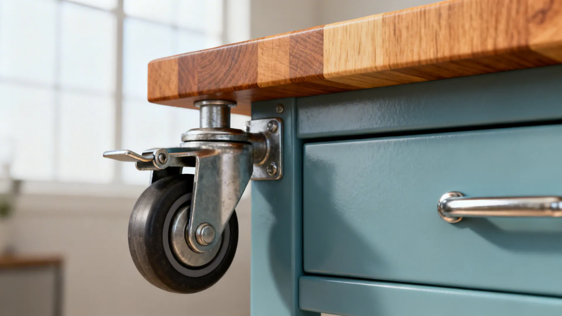 Macro of a micro-island’s locking caster, butcher block top, and drawer pull with precise detailing.