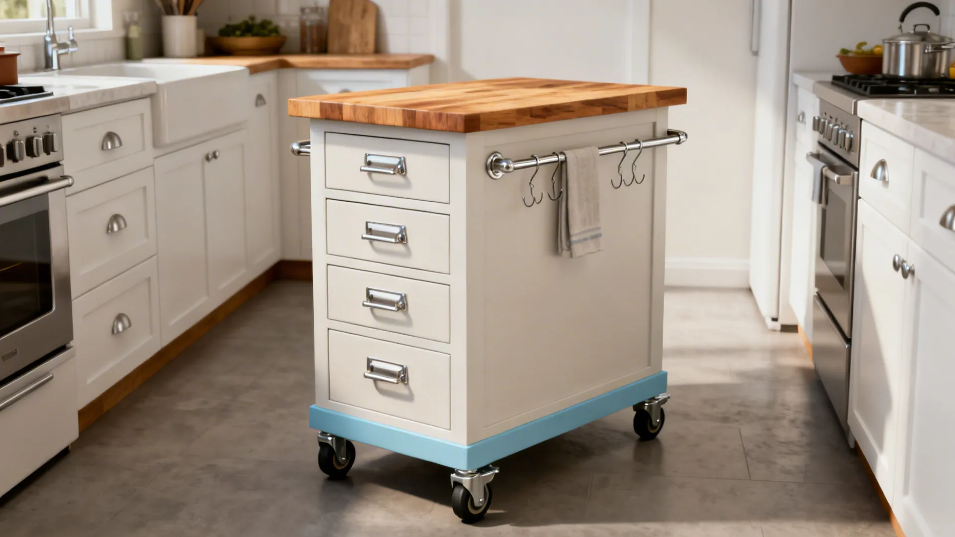 Small kitchen with a 24x36 inch mobile island on locking casters featuring a butcher block top and drawers.