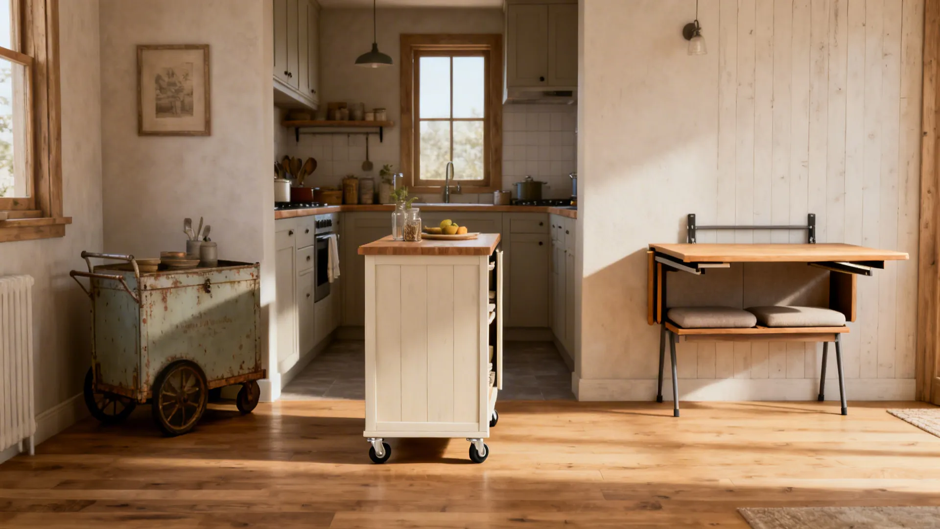 Movable micro-island on casters and wall-mounted drop-leaf table options in a small kitchen.