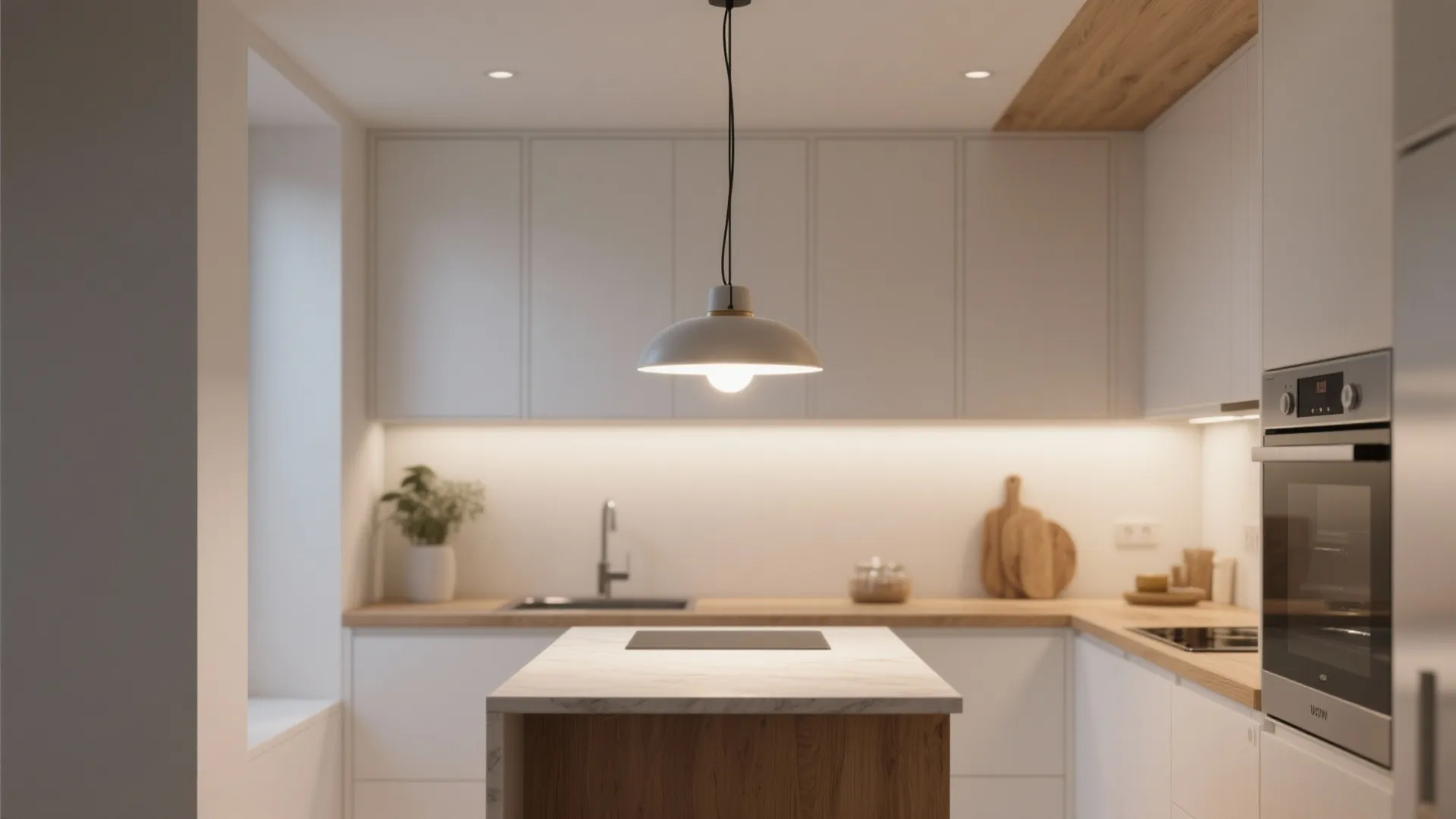 Tiny kitchen island lit by a scaled pendant with controlled 60° beam and warm glow.
