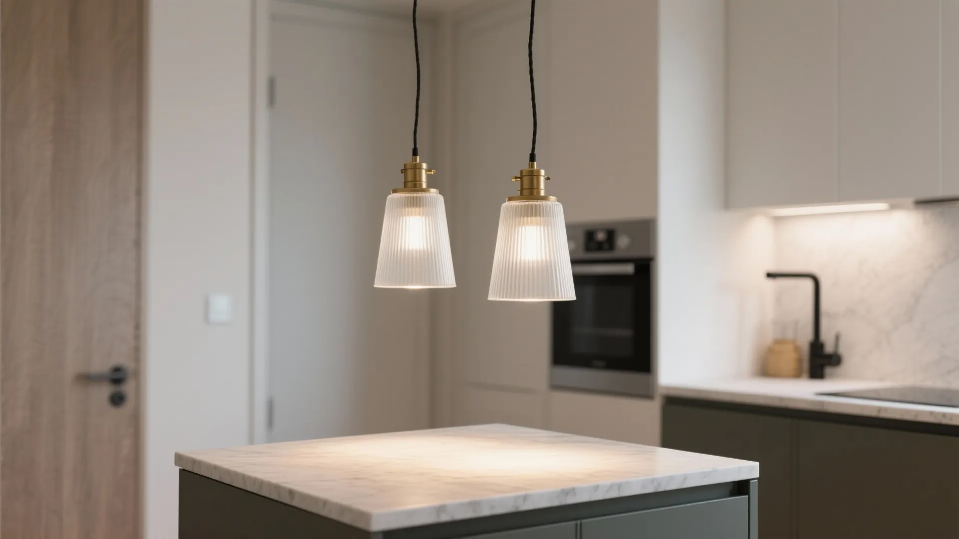 Two petite pendant lights with narrow shades over a micro island in a small kitchen.