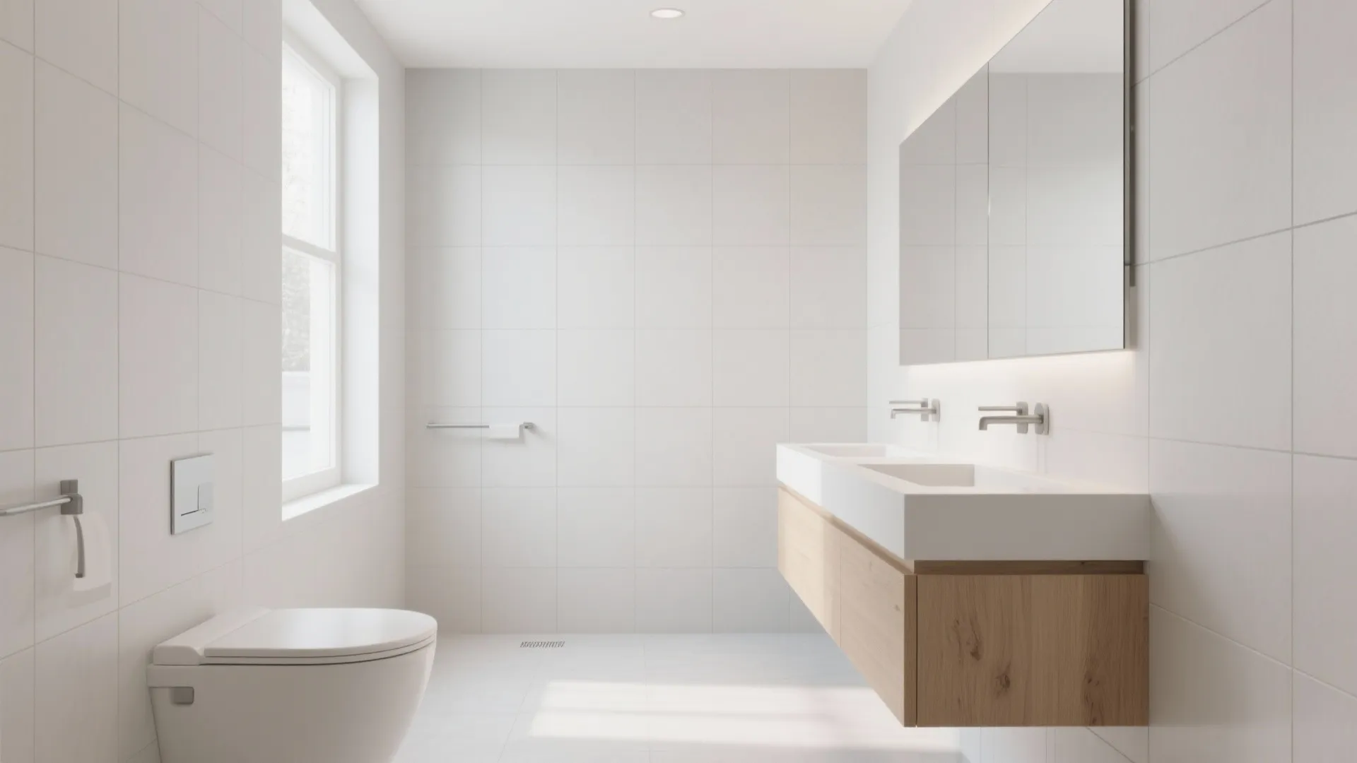 Modern minimal bathroom with white wall tiles wooden cabinet double sink large mirror and white toilet