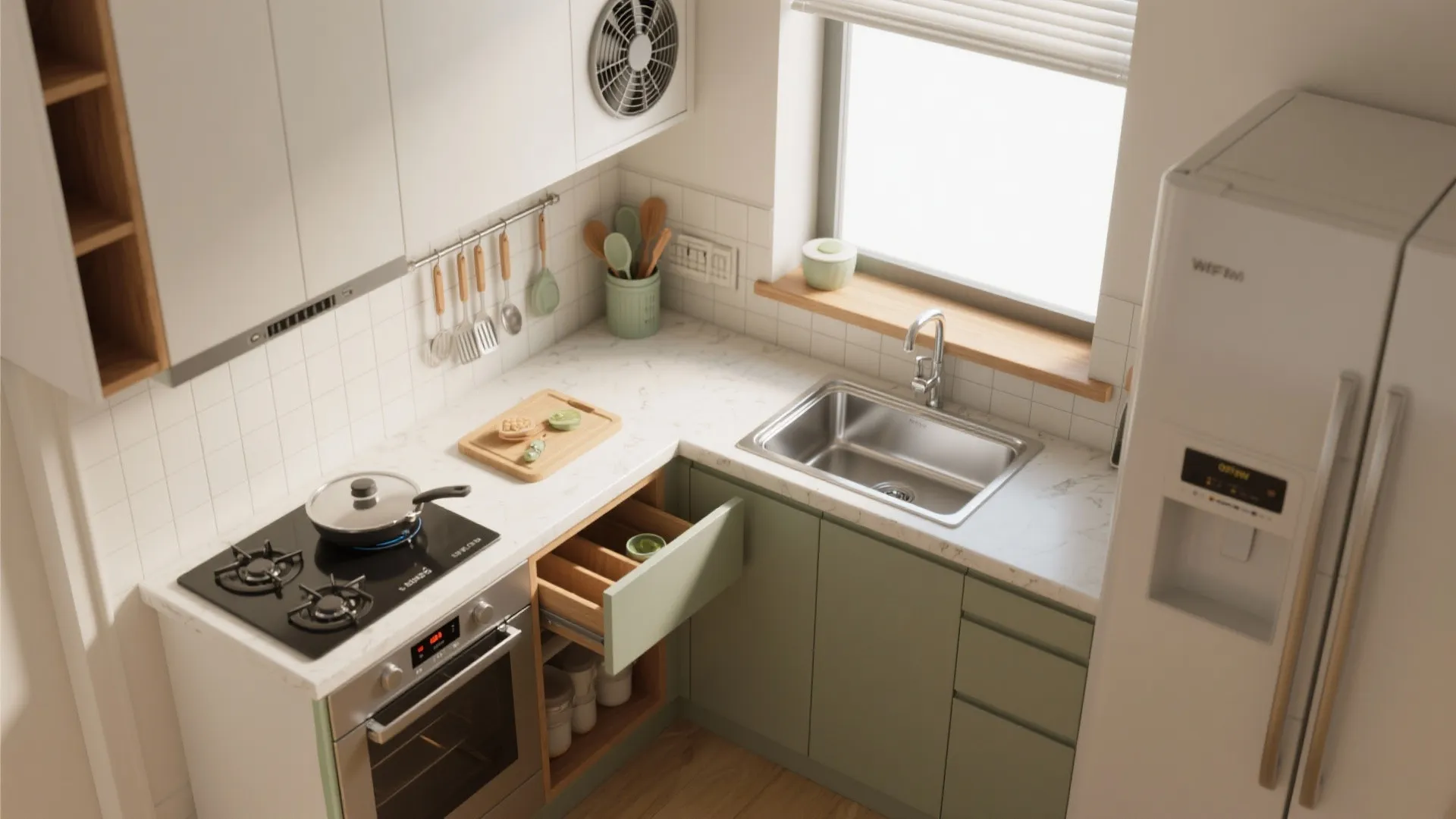 Small kitchen with white countertops green cabinets metal sink gas stove oven and a white refrigerator