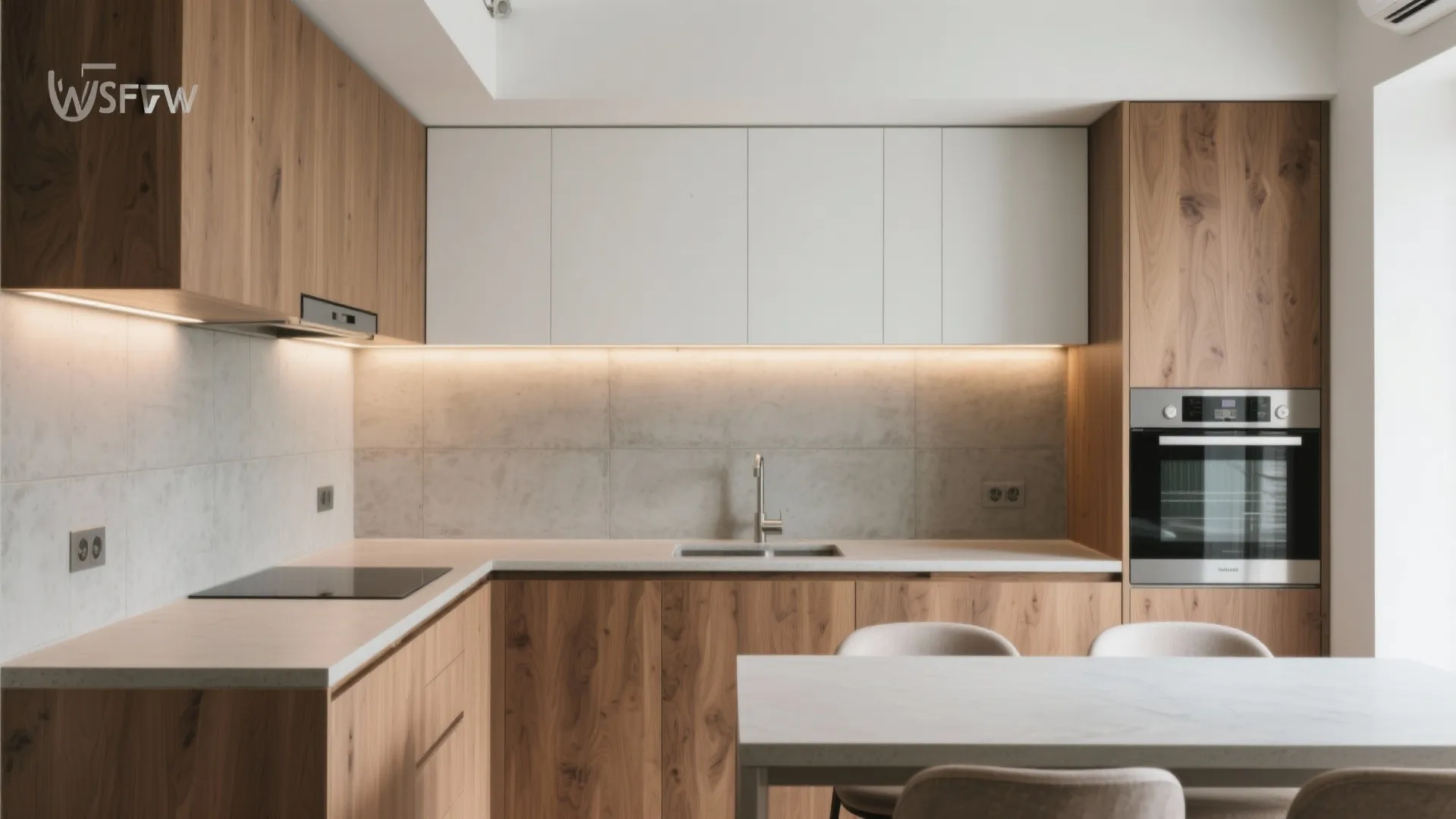Modern kitchen featuring wooden cabinets white upper storage built in oven table and warm lighting