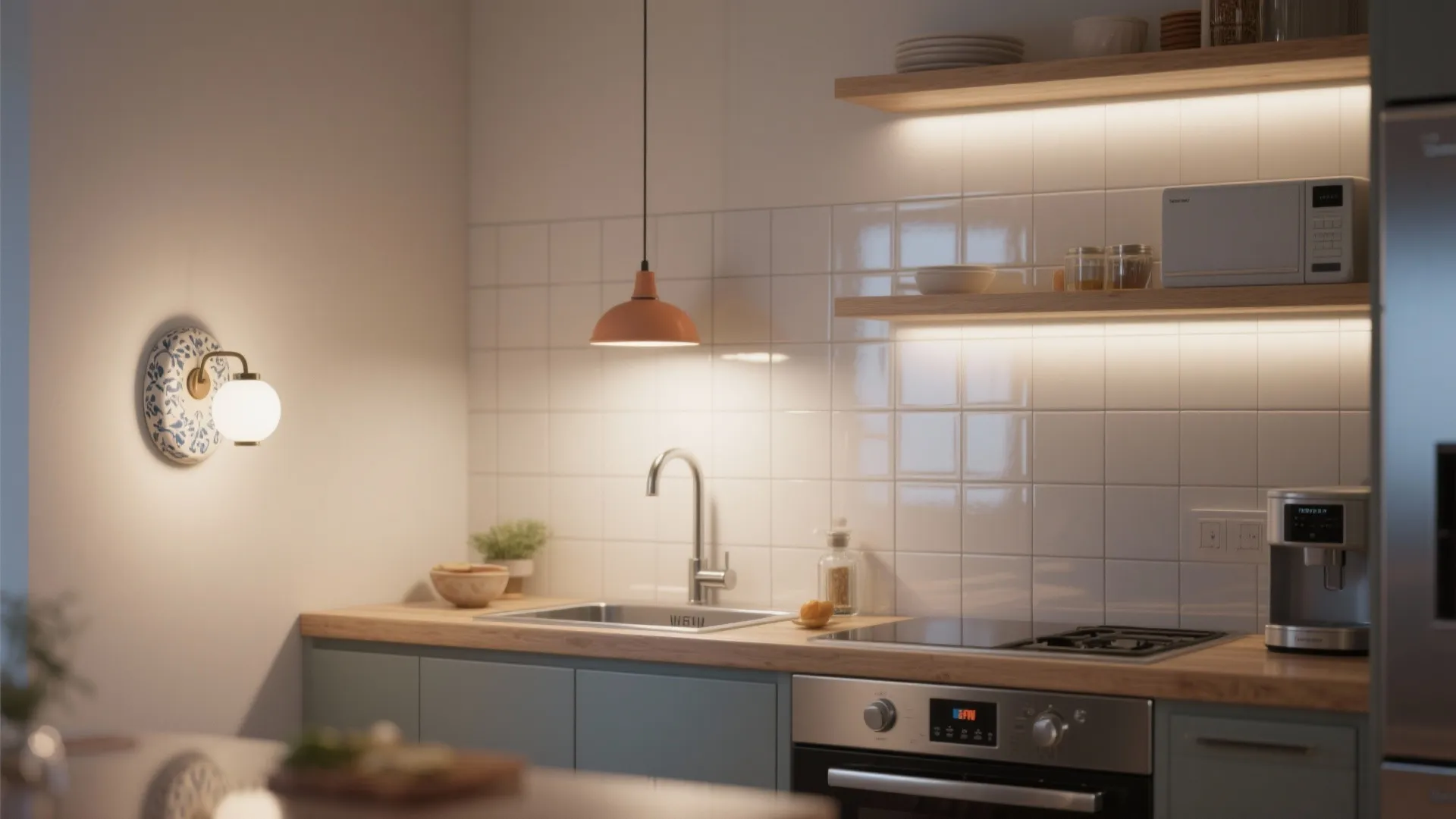 Layered Lighting: Ceramic Sconce + Pendant Combo in Micro Kitchens