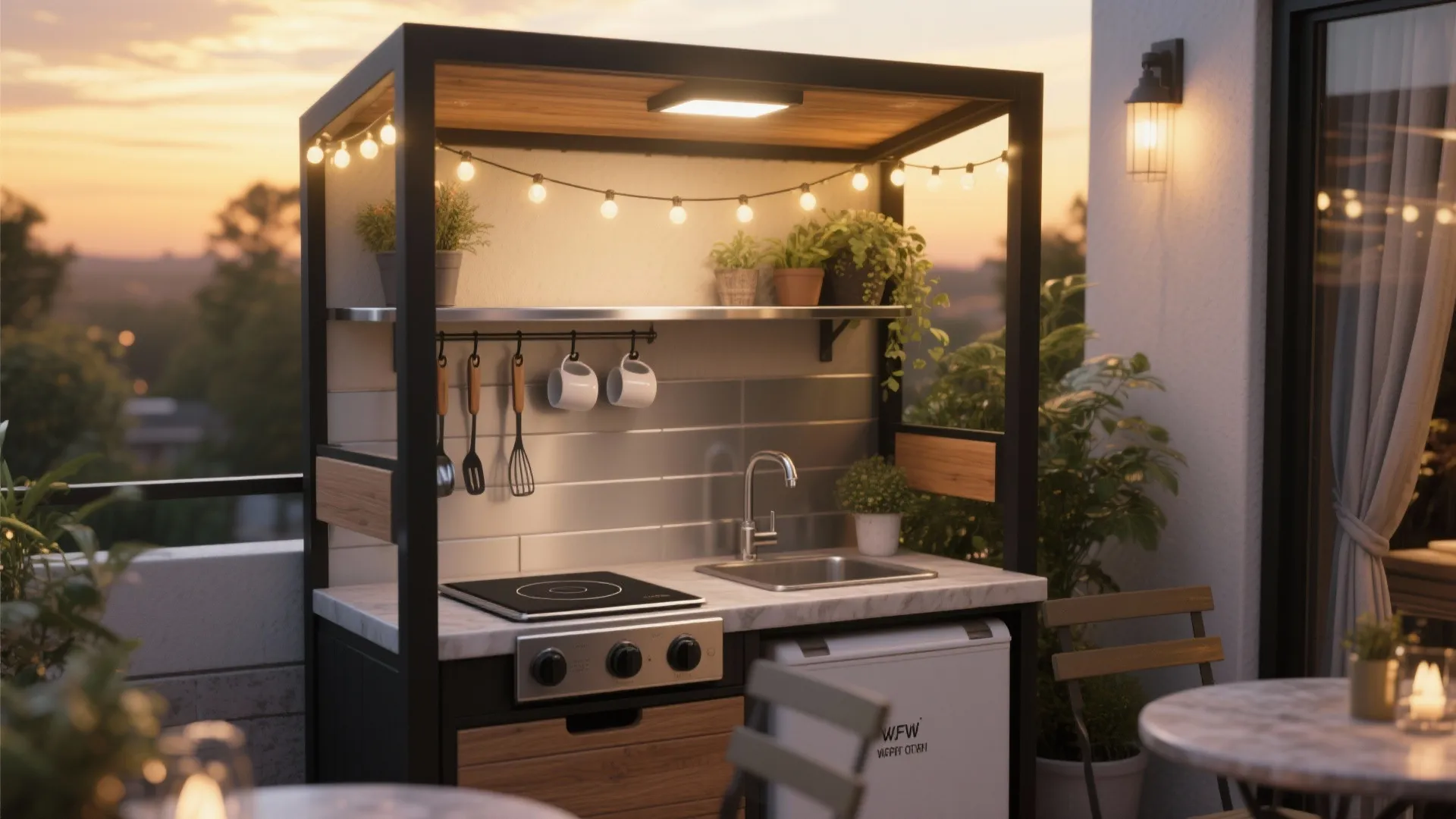Micro Outdoor Kitchen and Layered Lighting