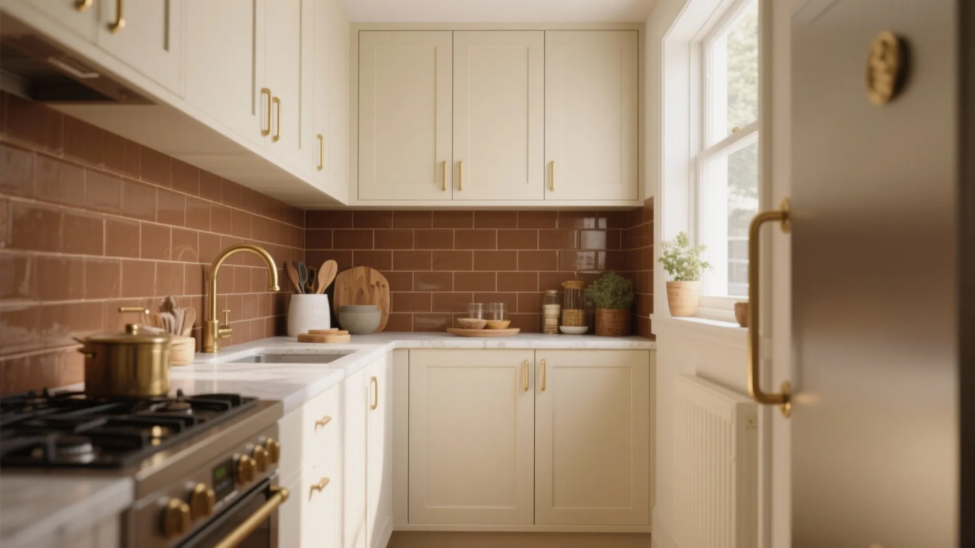 Small kitchen with white cabinets brown tiles gold sink faucet and white marble counter tops