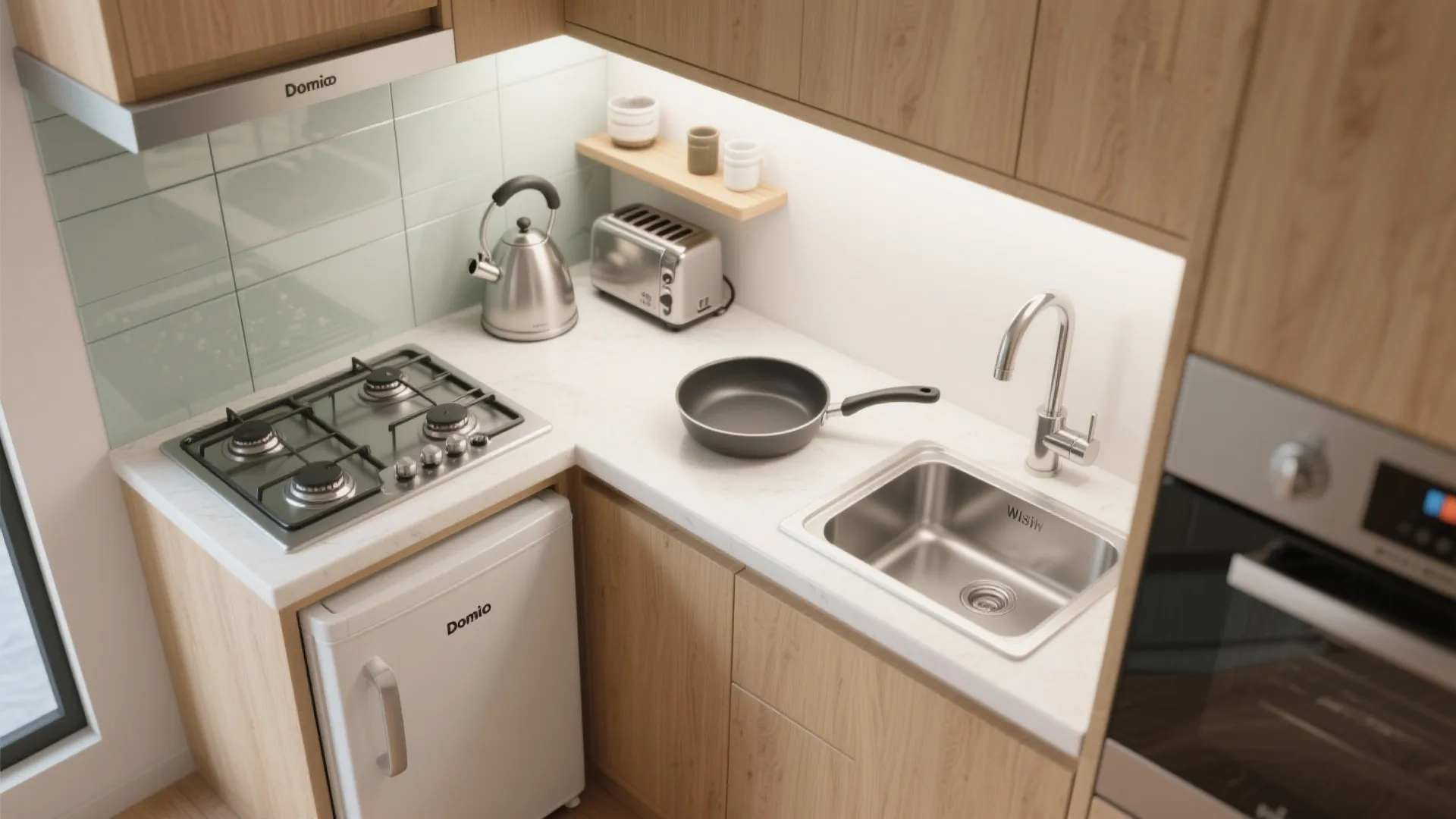 Small kitchen corner with gas stove, white mini fridge, stainless steel sink, and wooden wall storage