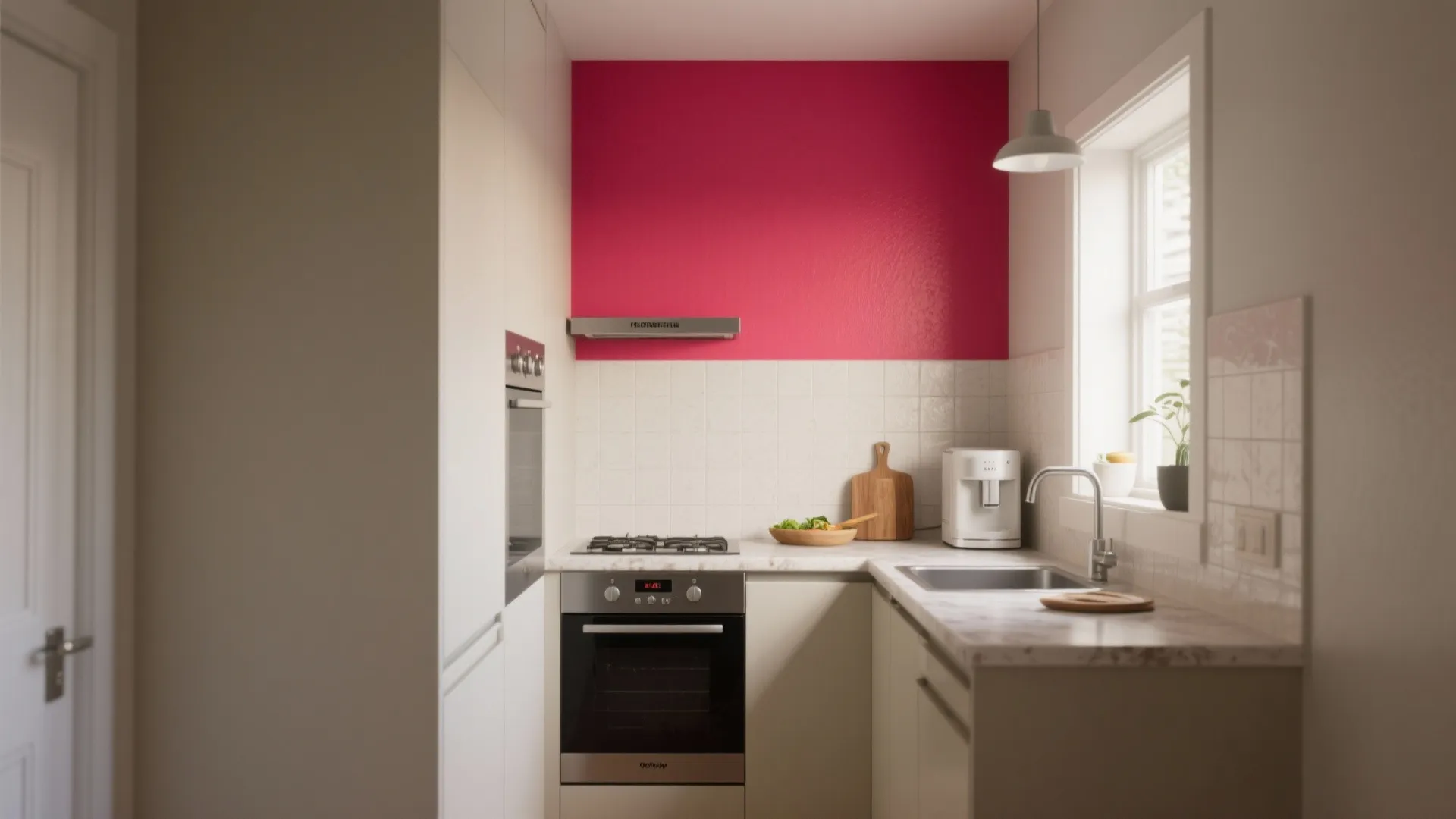 Small kitchen with pink accent wall white cabinets oven stove sink and light from window