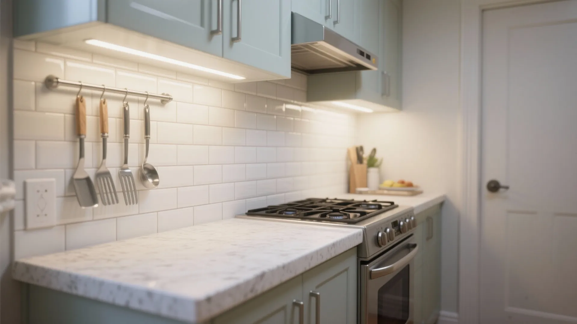Peel-and-stick backsplash panels in micro-kitchens