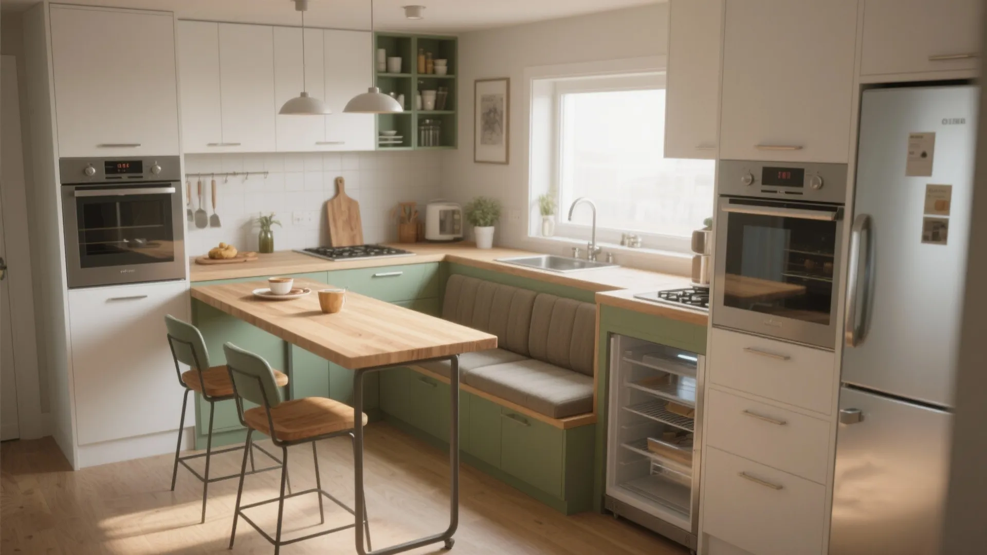 Small green kitchen with wooden breakfast bar stools and built in bench seating under window