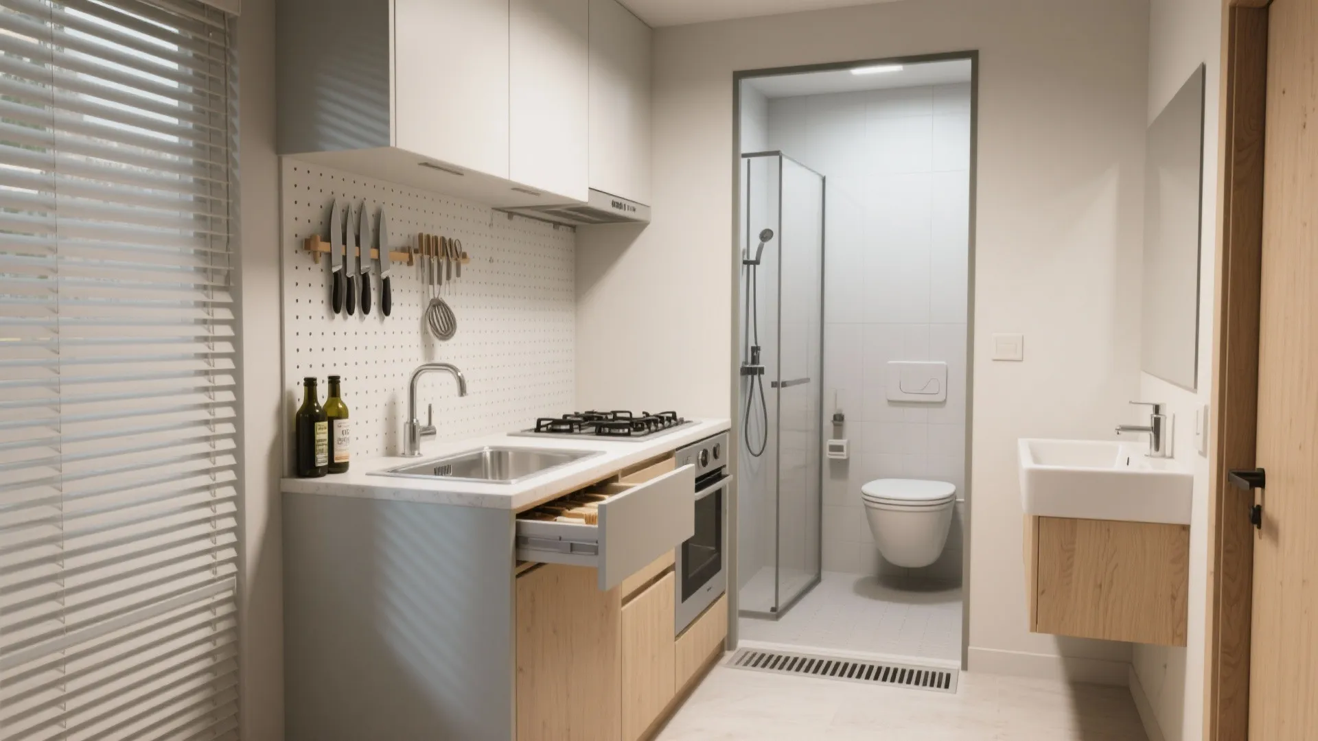 Compact studio layout featuring a small kitchen with sink and bathroom with white toilet and shower