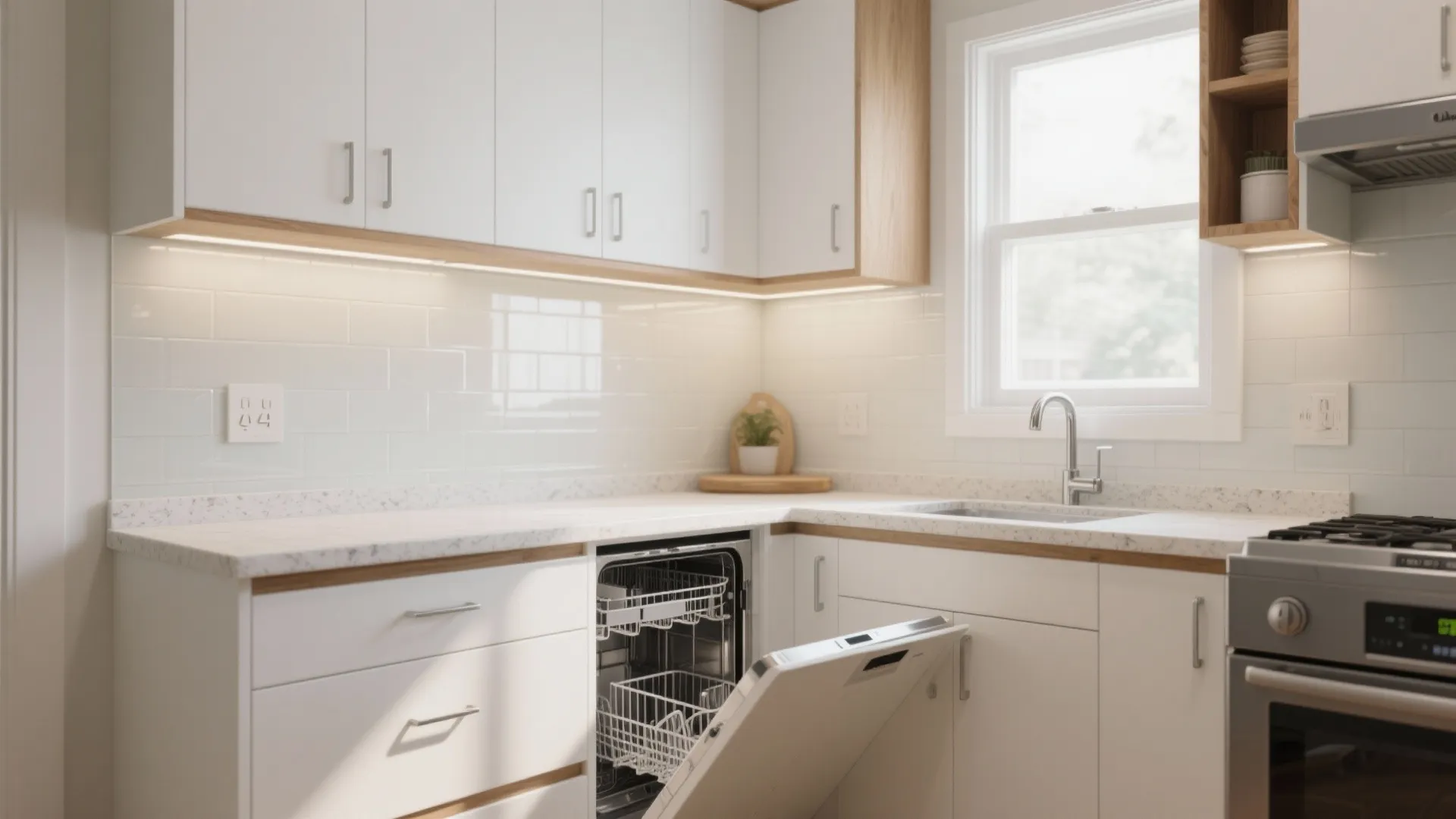 Modern white kitchen design with wood accents featuring an open dishwasher and clean white wall
