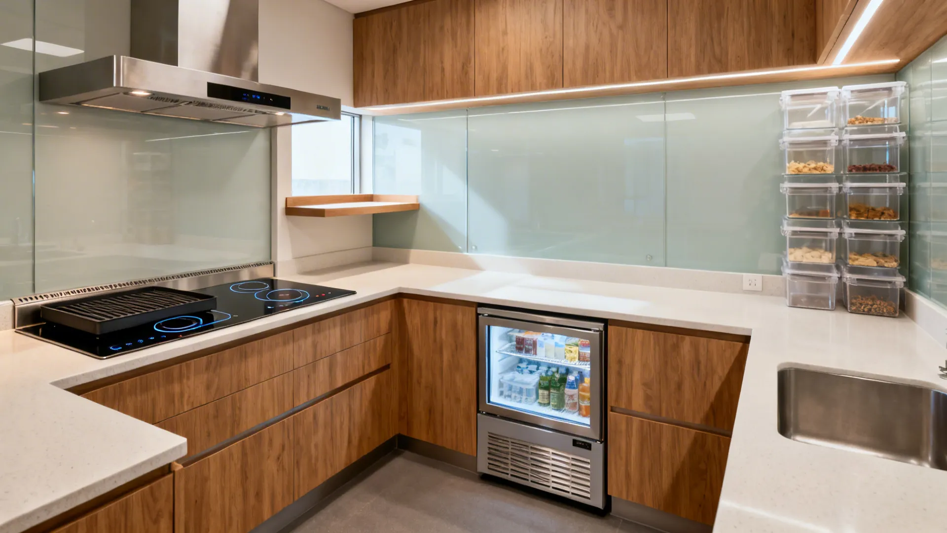 L-shaped micro-kitchen with hot line, corner pass, cold assembly return, and vertical dry storage.