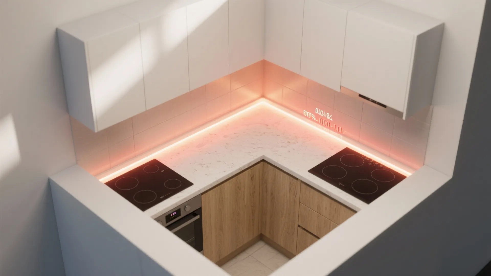 Top-down view of a tiny kitchen with under-cabinet LED and lux map showing uniform task lighting.