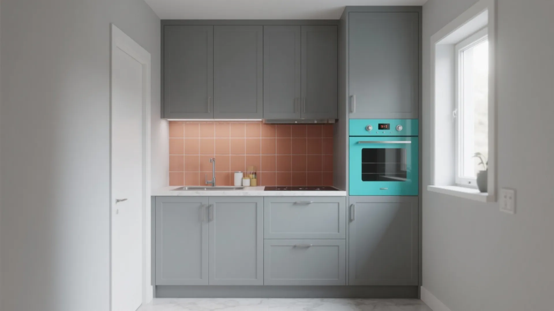 3. Monochrome micro-kitchens with a pop