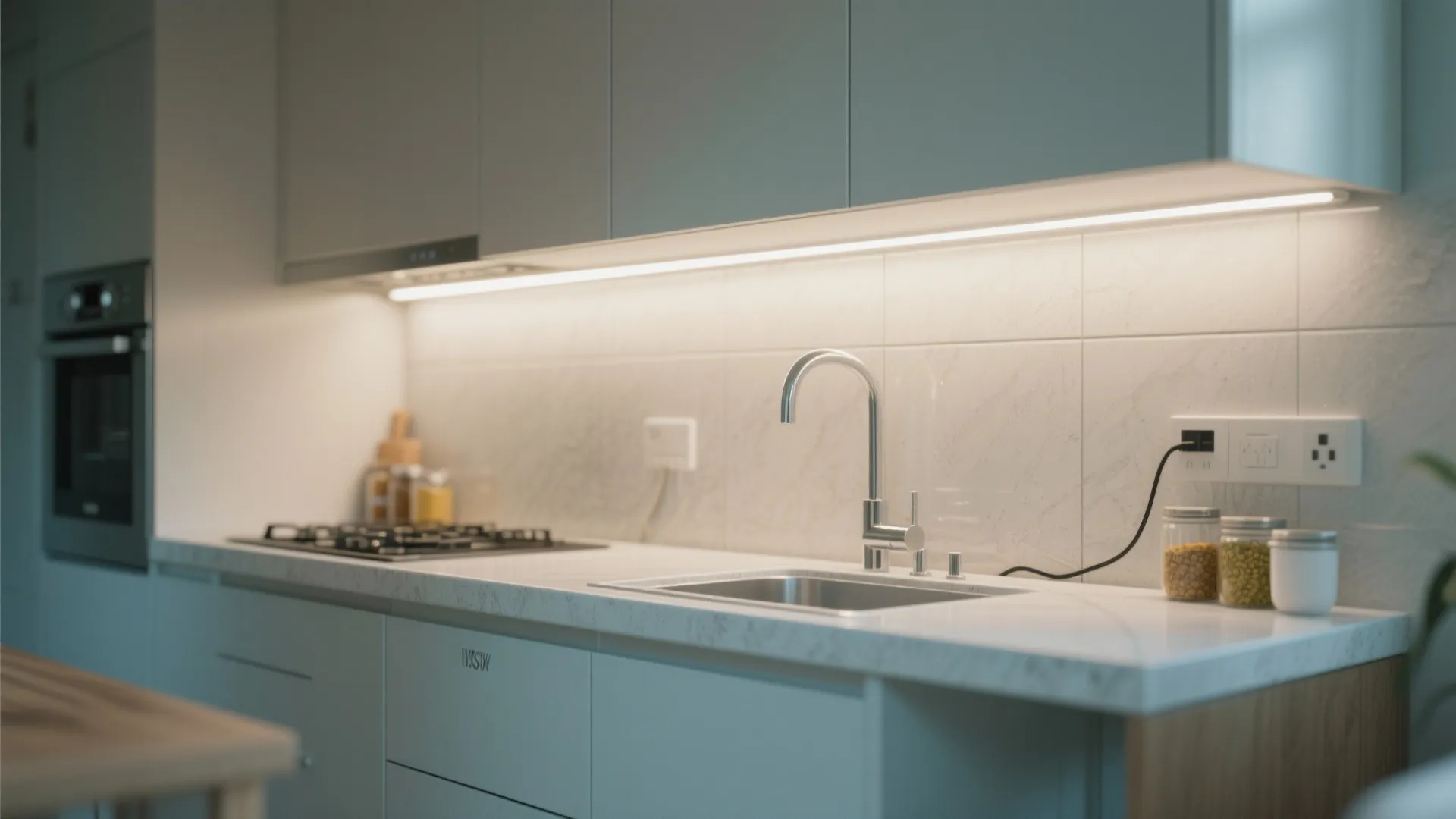 Modern kitchen with white countertop silver faucet and light fixture strip under the grey cabinets