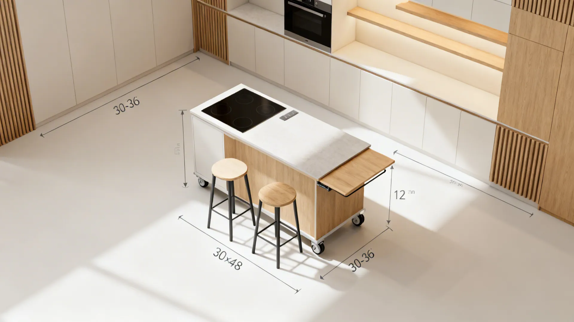 Top-down view of a micro kitchen plan with a mobile island, drop-leaf seating, and clear circulation paths.
