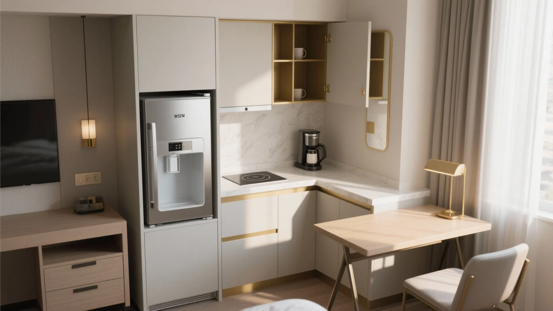 Modern small kitchenette interior design with silver fridge white cabinets coffee maker and wooden desk