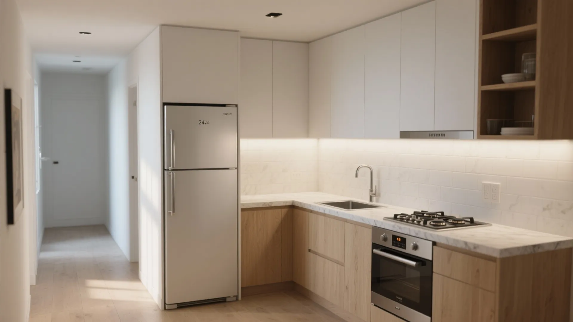 Compact L-shaped micro-kitchen