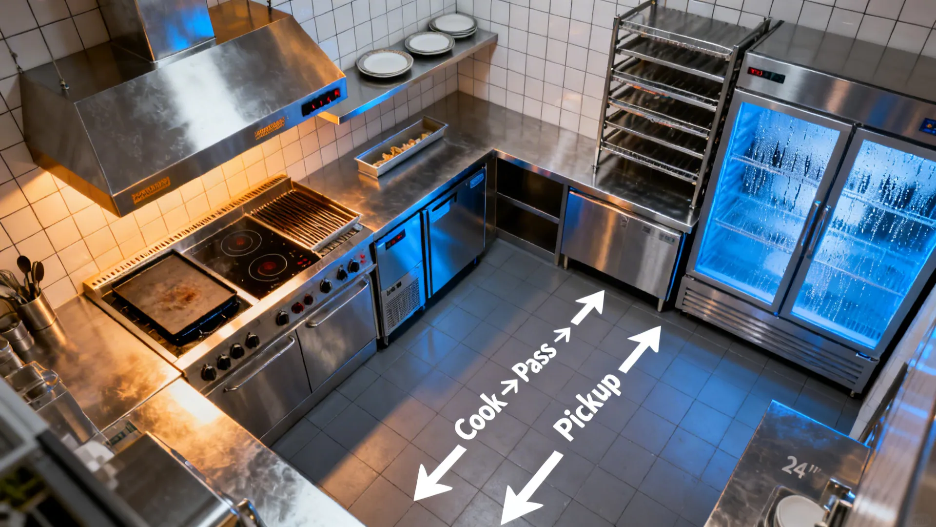 Top-down L-shaped micro-kitchen plan showing hot line, corner pass, cold return, and vertical storage.