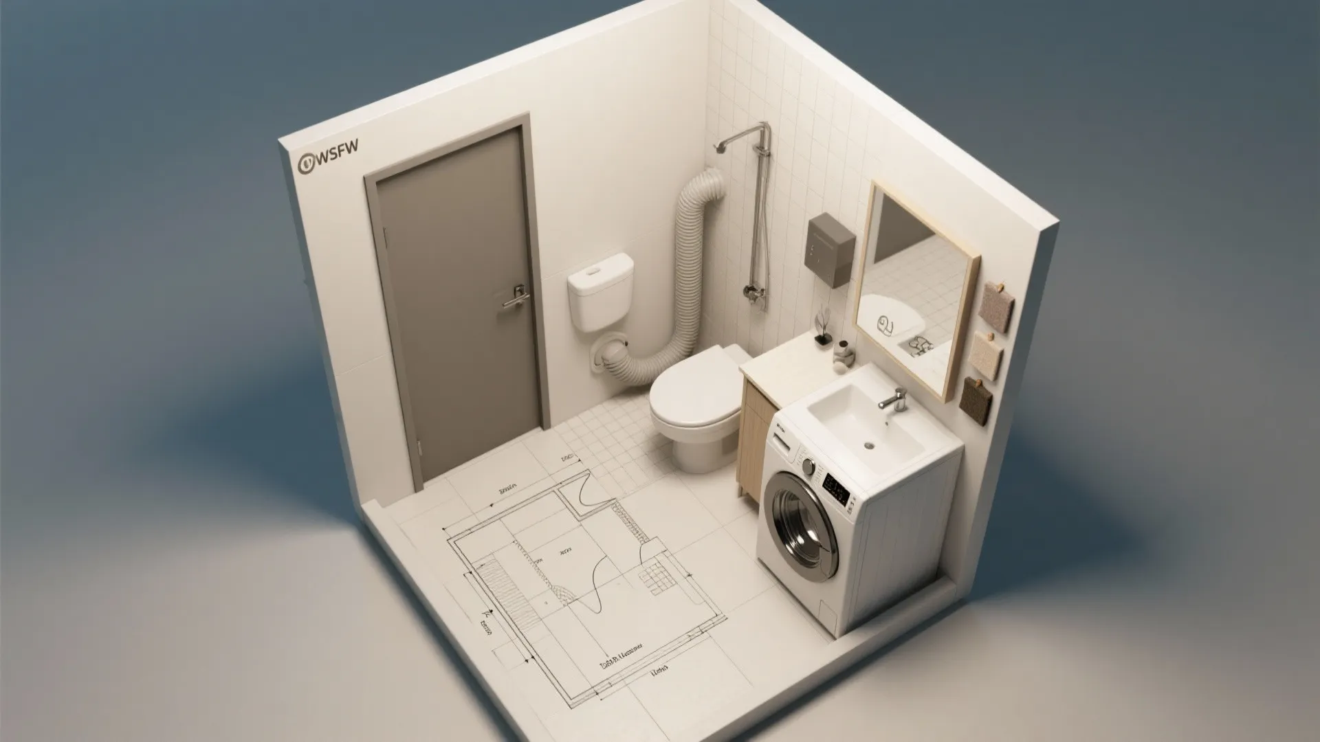 Interior design drawing showing small bathroom with toilet sink washing machine and floor plan layout