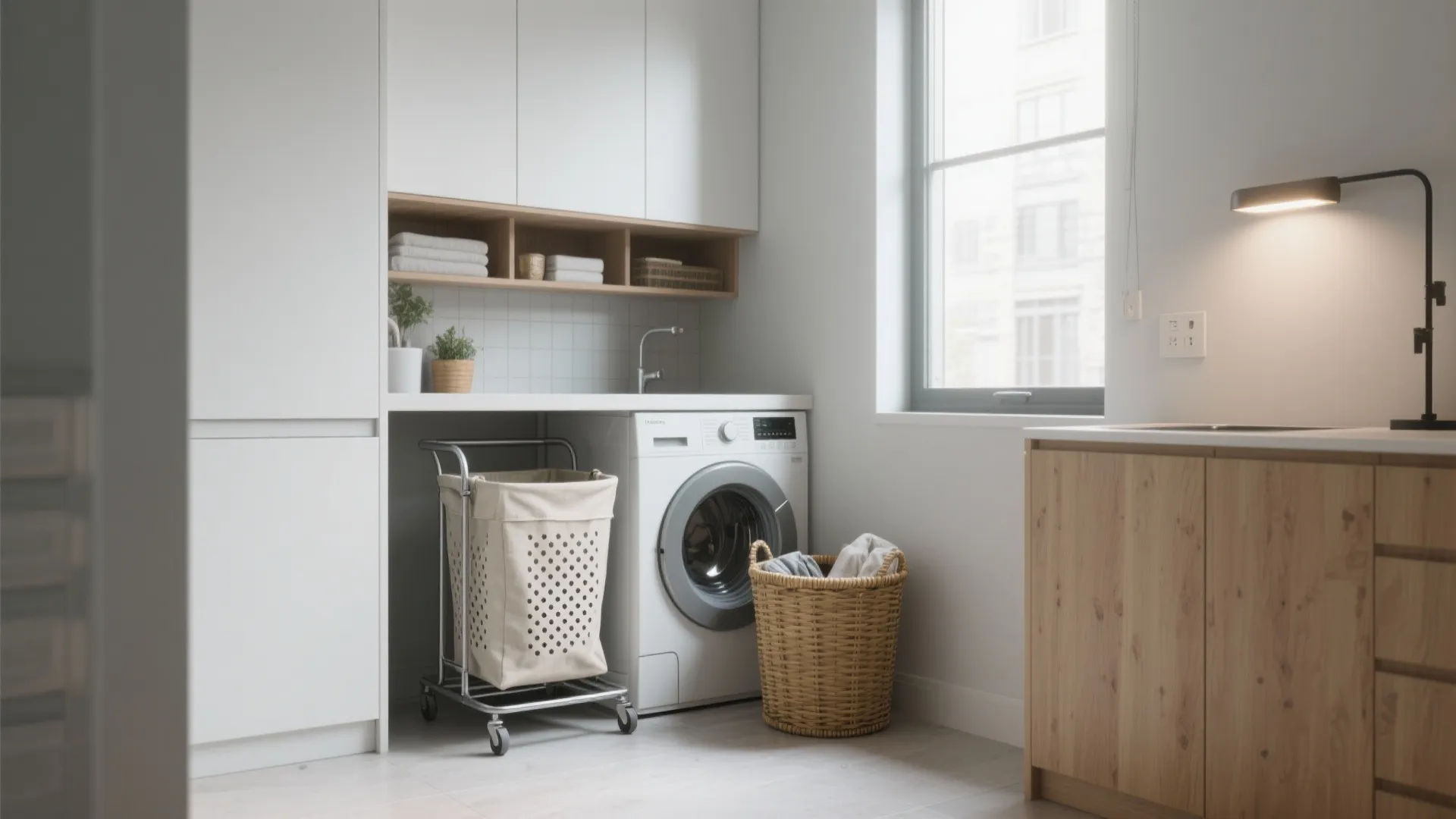 Modern white laundry room featuring washing machine wooden cabinets laundry baskets and light from window