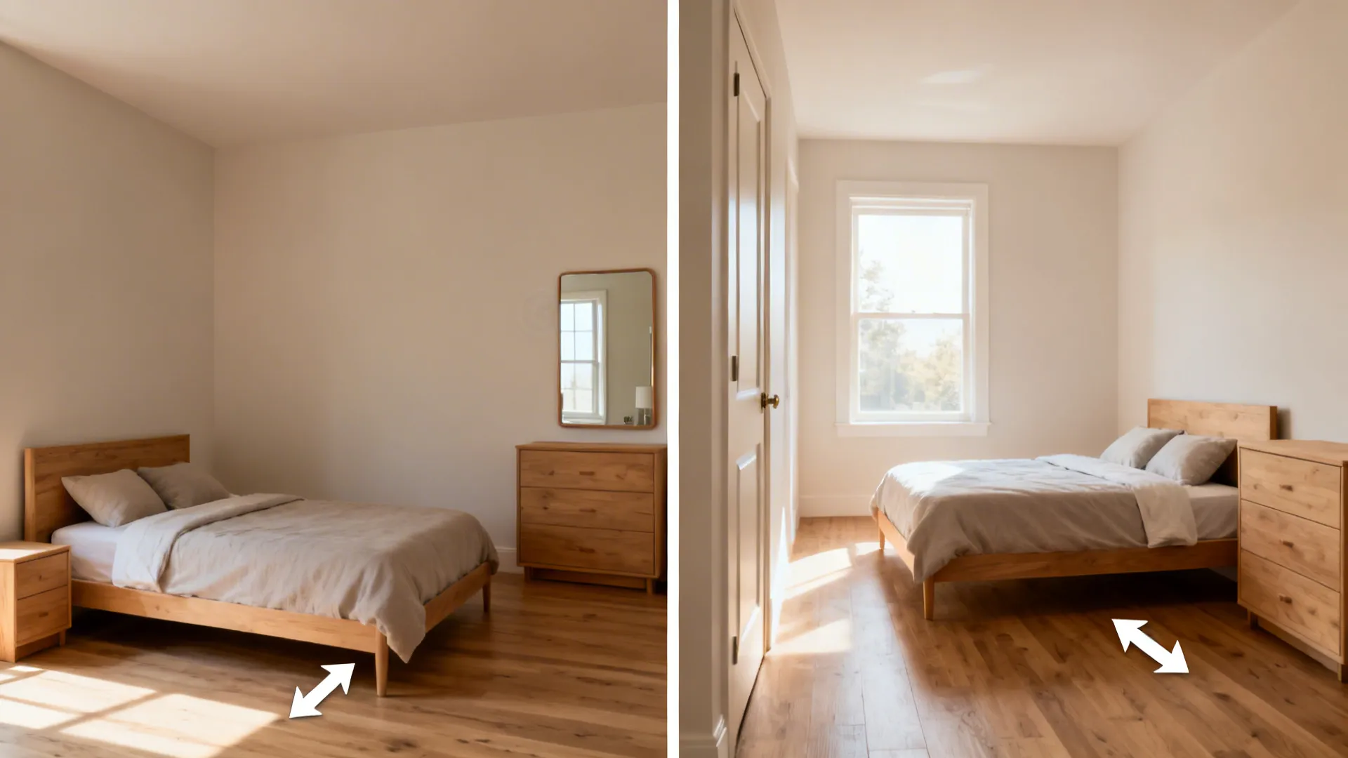 Before and after comparison showing two different room layout designs for a small minimalist bedroom