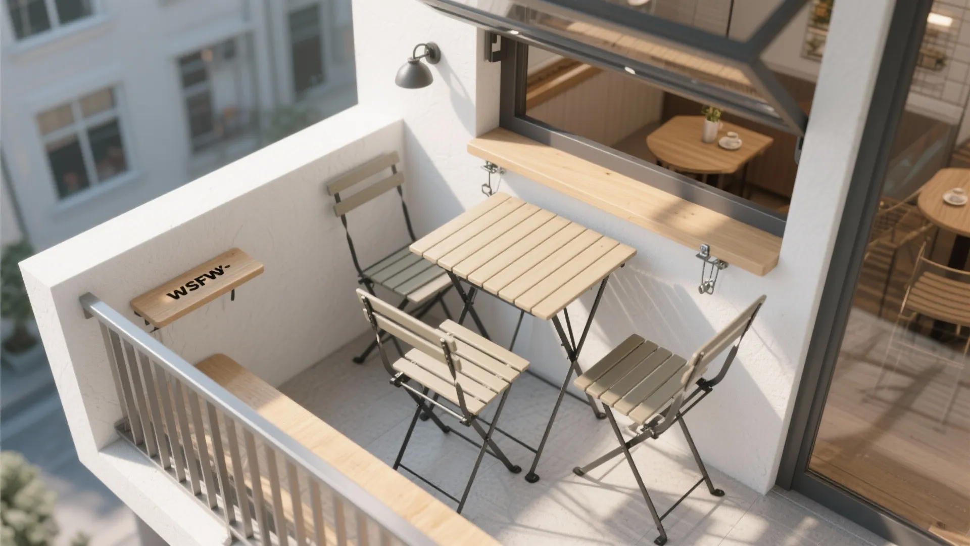 Top-down view showing compact drop-leaf table and foldable chairs layout on a tiny balcony.