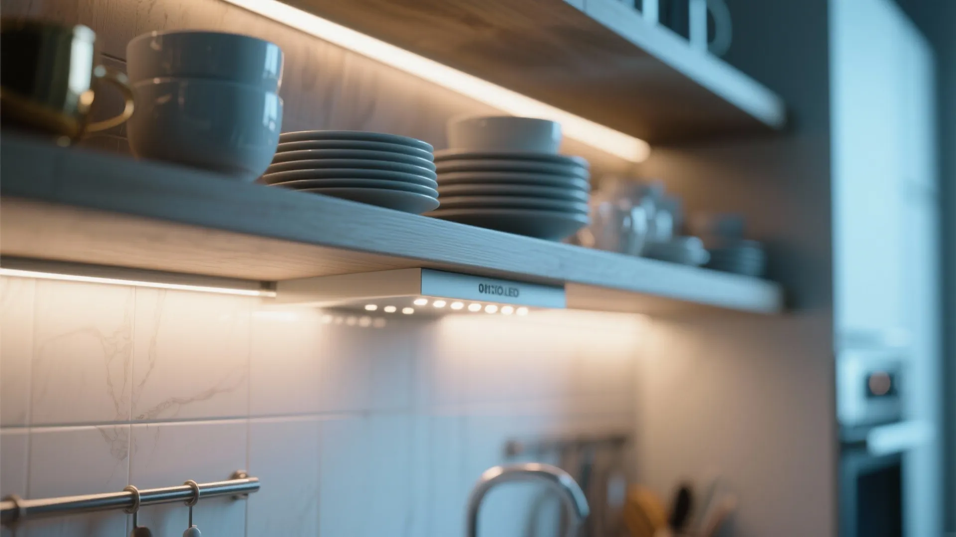 Kitchen wooden shelves holding white plates and bowls illuminated by bright under cabinet led lights
