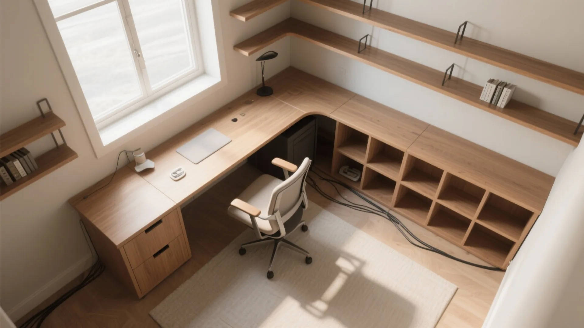 Perimeter shelving and an L-shaped micro-library