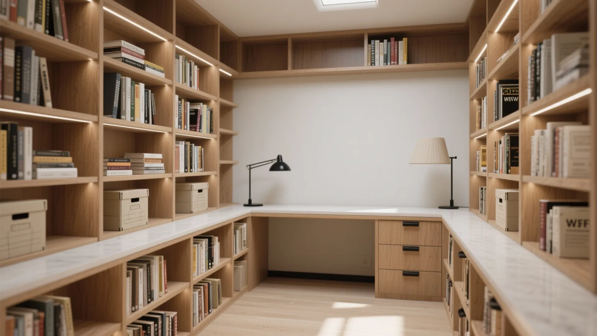 Perimeter shelving and an L-shaped micro-library