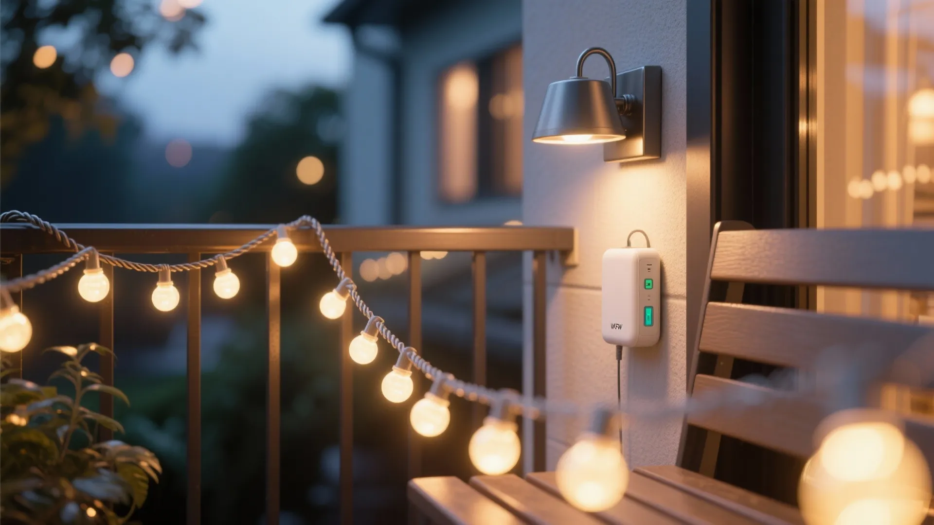 Close-up of warm LED string lights and a compact outdoor sconce with a hidden power bank in a bench.