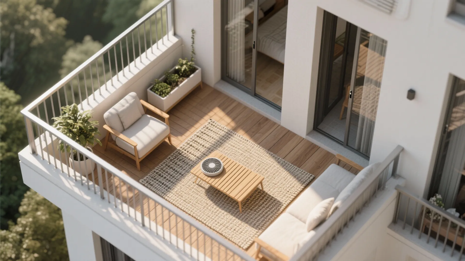 High angle view of small balcony with white sofa armchair rug and wooden coffee table