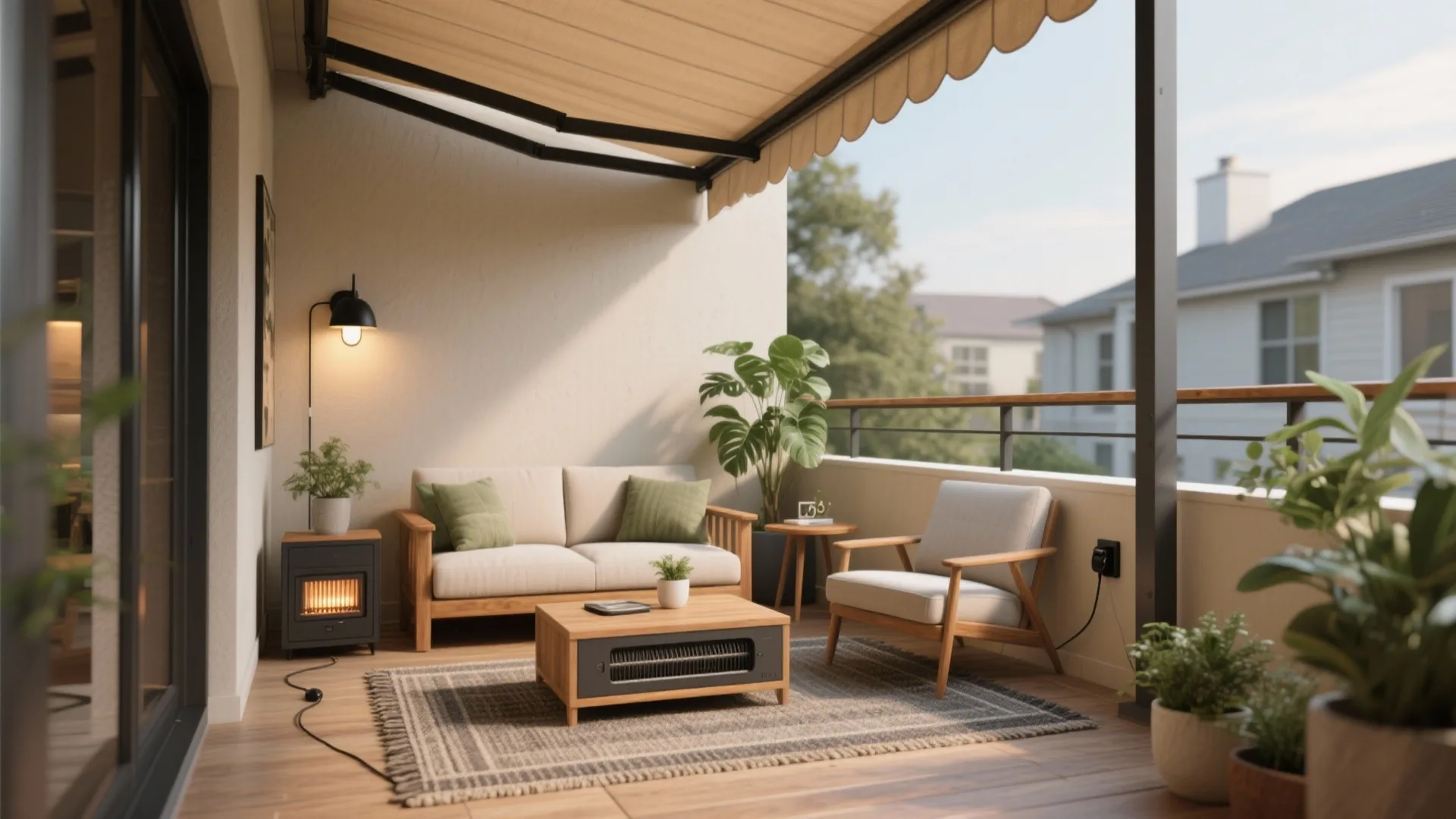 Cozy outdoor balcony with wooden sofa chair coffee table rug wall light and yellow canopy