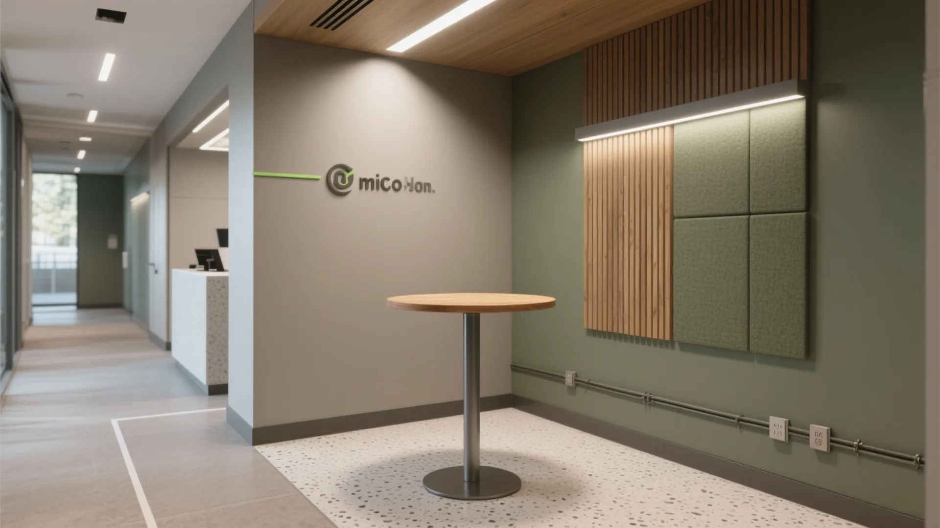 Modern office reception area featuring a round wooden table, green wall panels, and ceiling lights