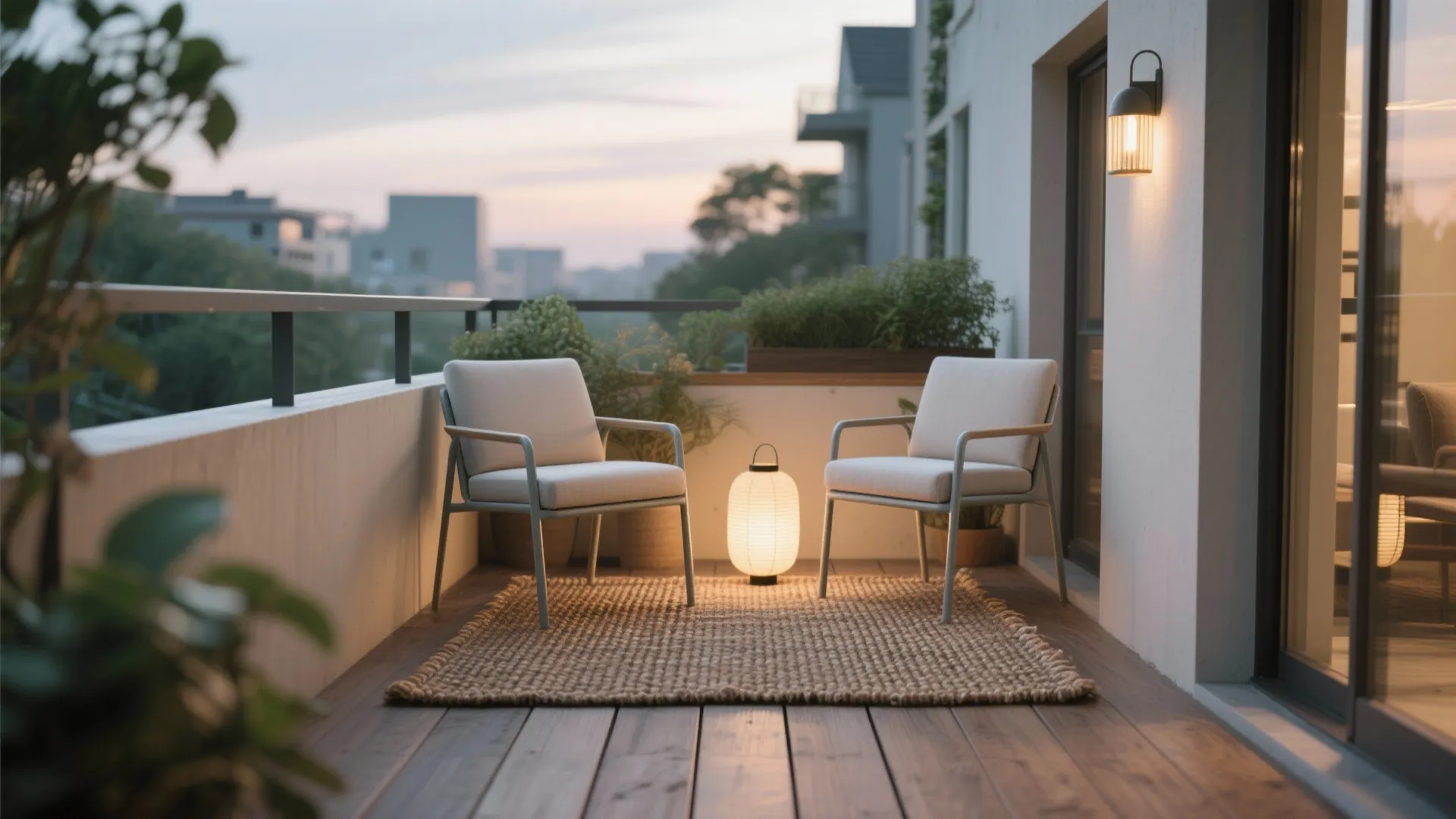 Small balcony lounge at sunset with two chairs a small rug and a floor lamp