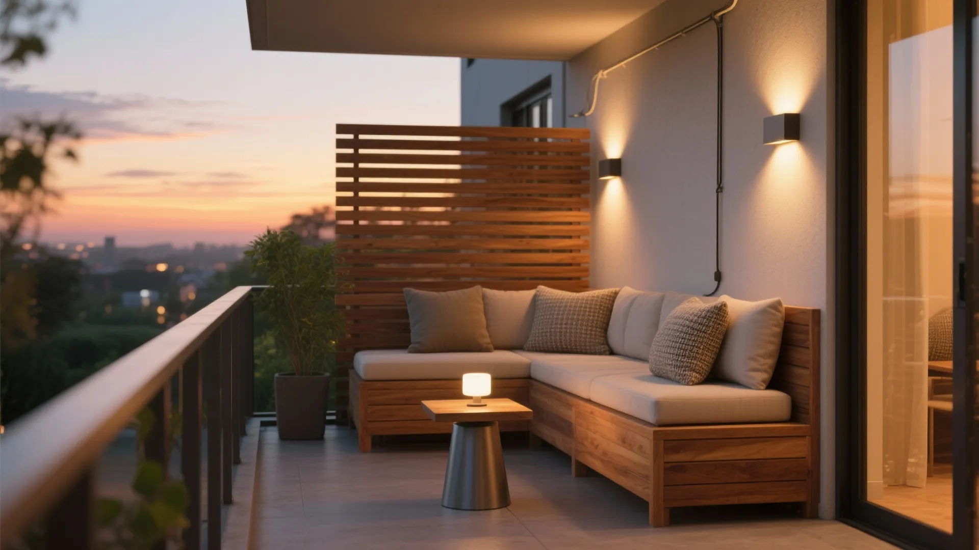 Micro lounge: bench + side table + soft lighting