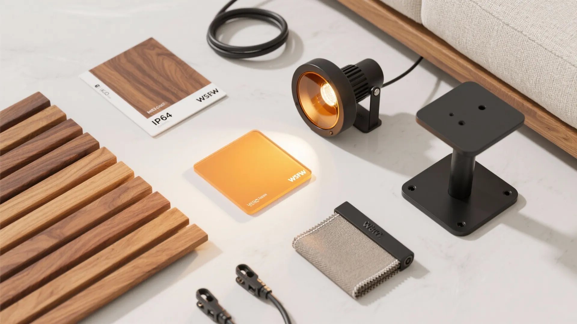 Interior design materials including wood panels fabric samples and light fixture on white marble floor