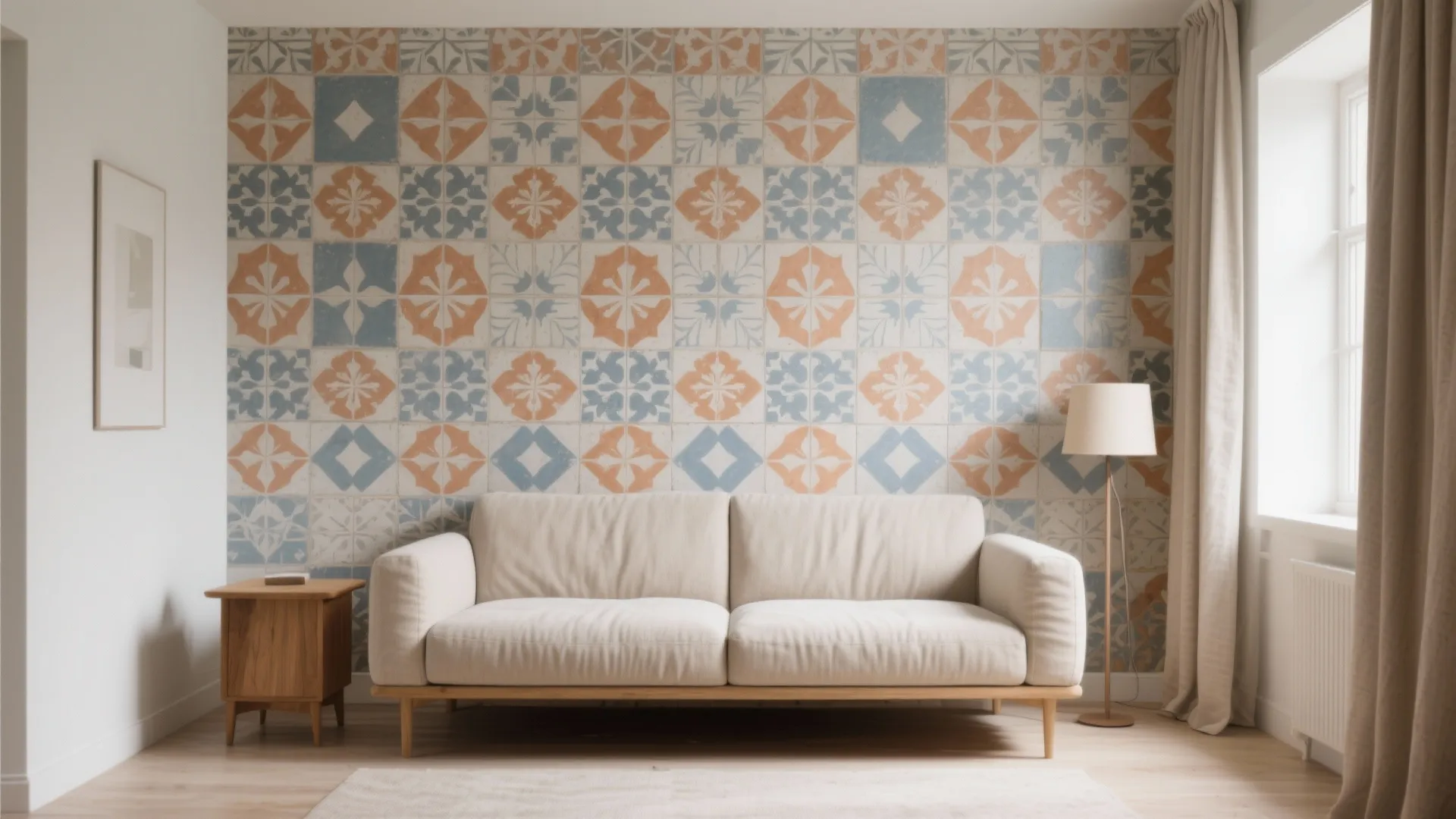 Patterned Tile Accent Walls for Micro Living Rooms