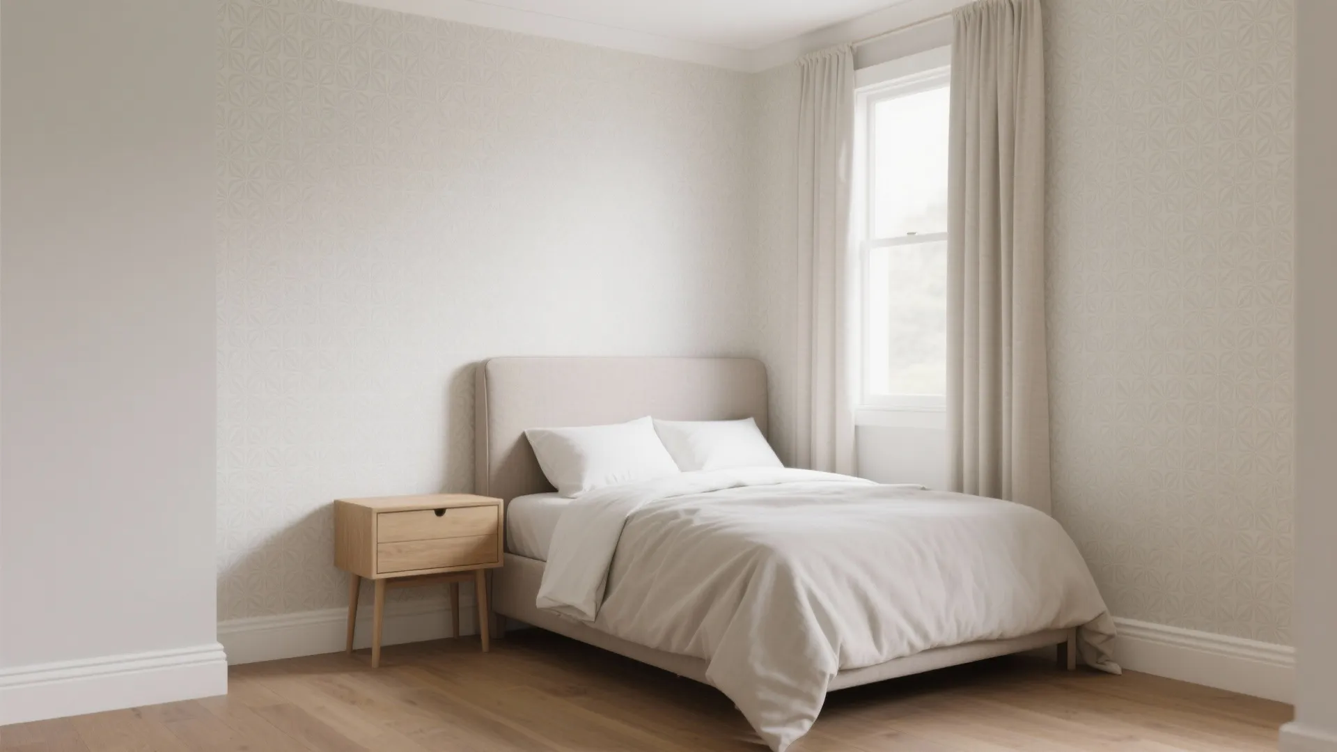 Minimalist beige bedroom featuring a comfortable bed with white pillows beside a small wooden cabinet