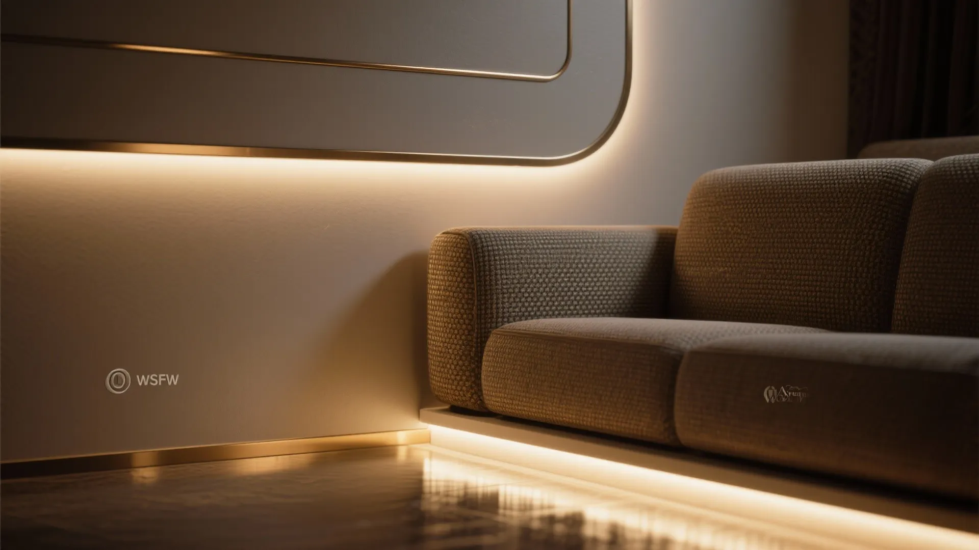 Brown textured sofa near a wall featuring golden trim and warm glowing hidden strip light fixtures