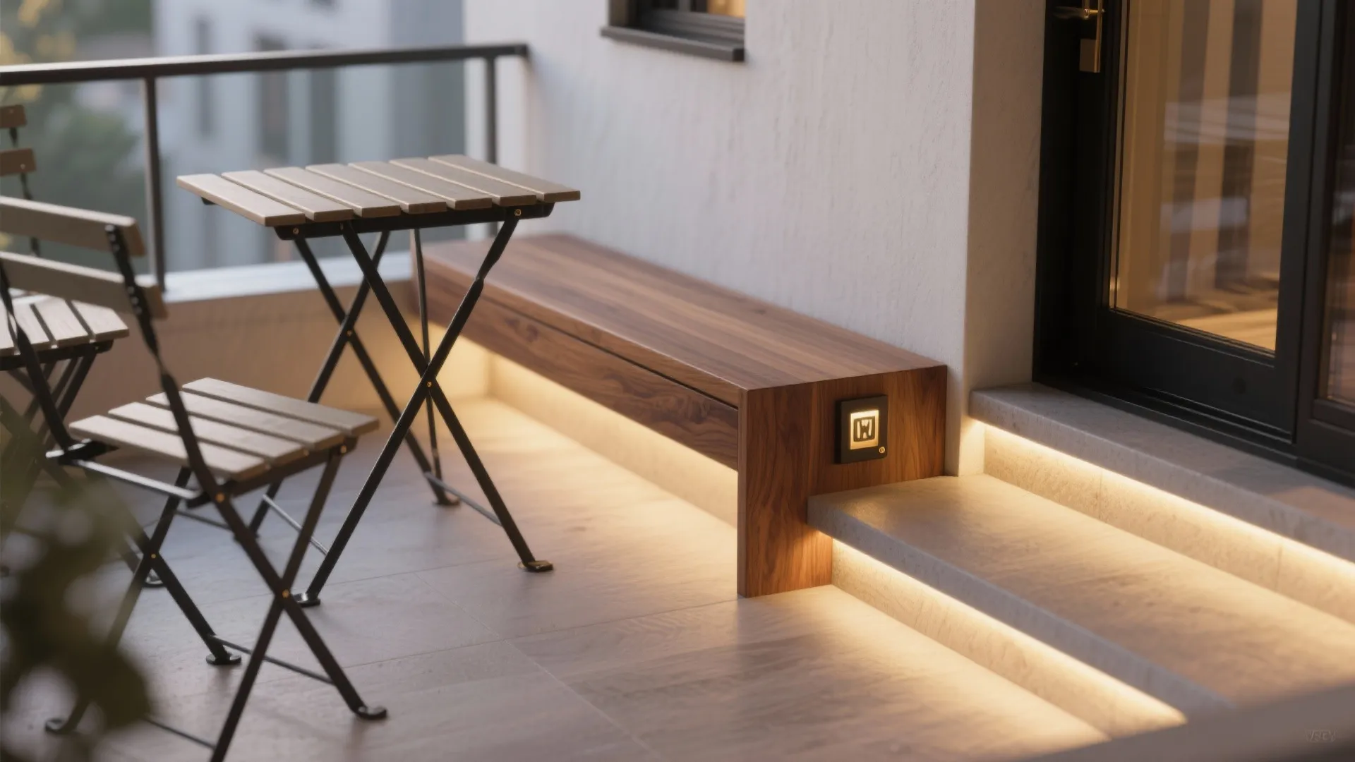 Modern balcony featuring wooden folding table and chairs beside a lighted bench and stone steps