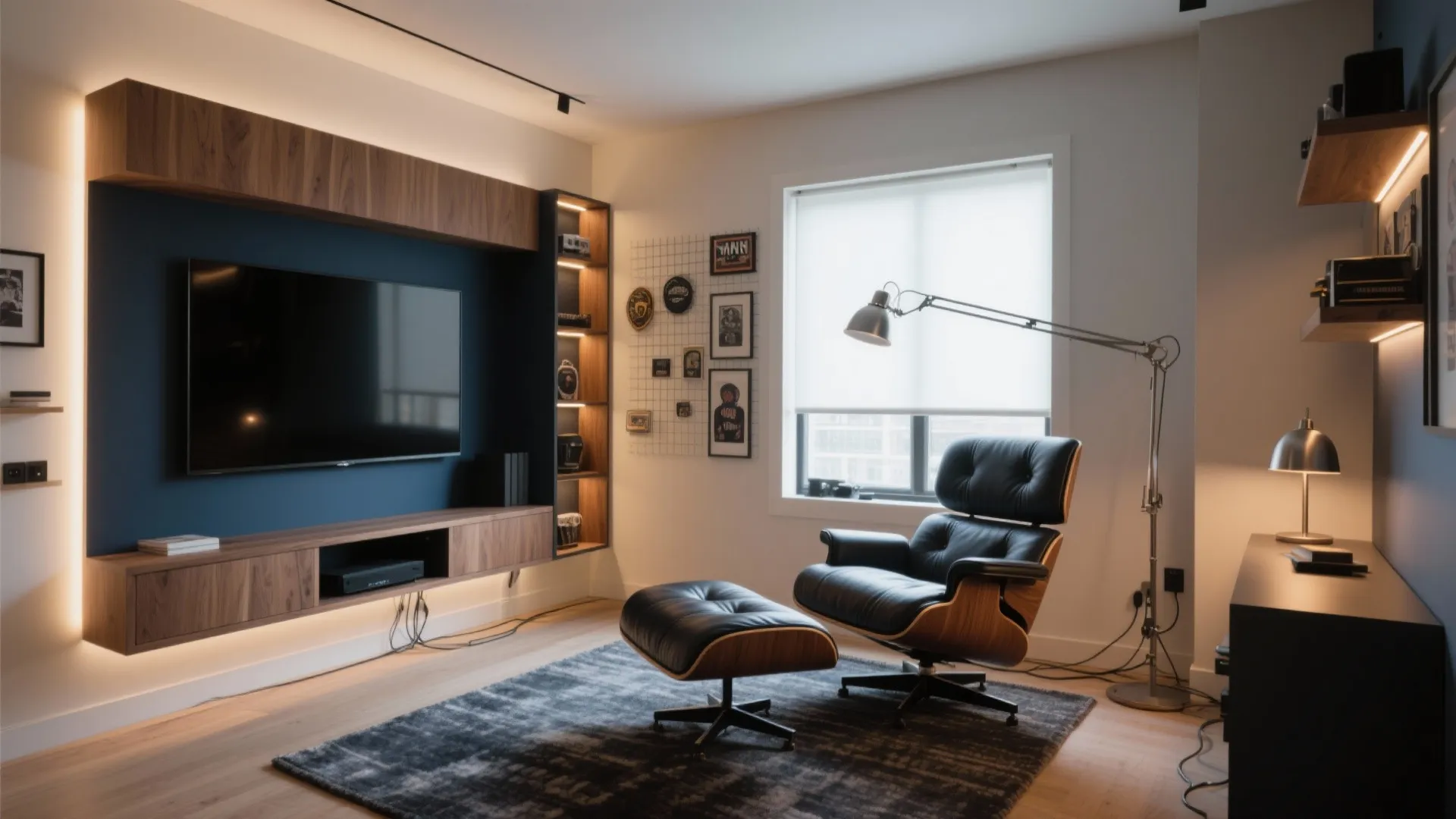 Modern man cave with black leather chair, footrest, wooden tv cabinet, warm lighting, and rug