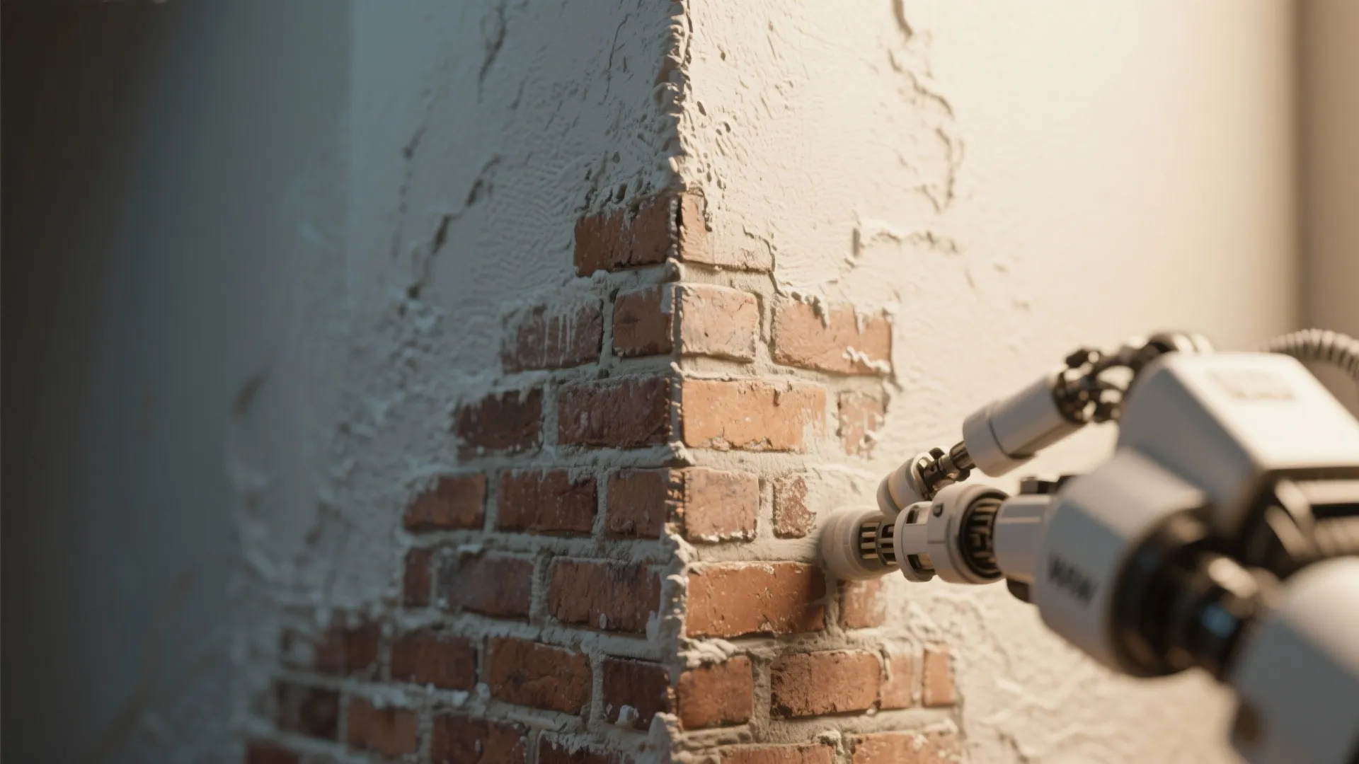 Close-up of a robot-applied micro-masonry texture on an accent corner, showing layered paint texture and subtle shadows.