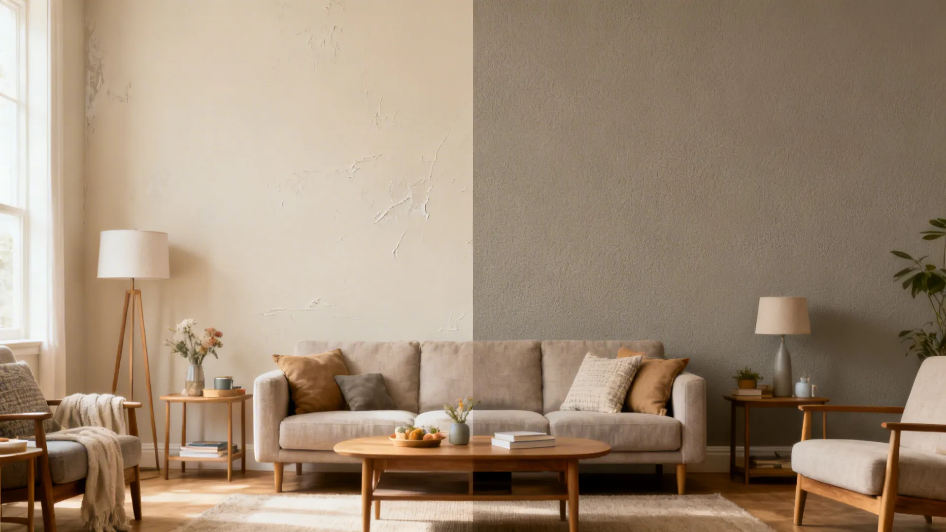 Before and after comparison of rough cream wall versus smooth matte grey wall paint finish