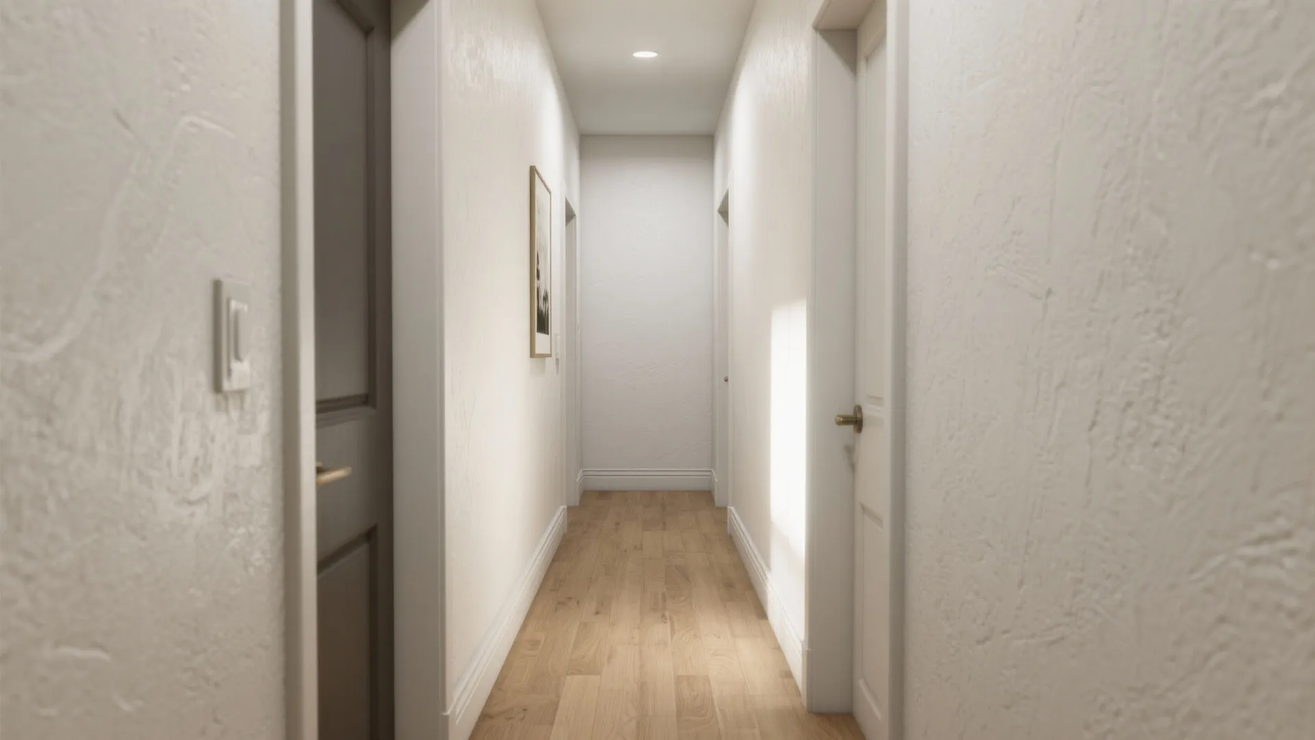 Narrow hallway featuring white textured walls wooden floor brown doors white doors and ceiling light