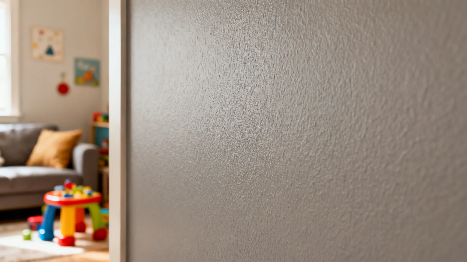 Close up of textured grey wall panel with a blurred kids playroom in the background
